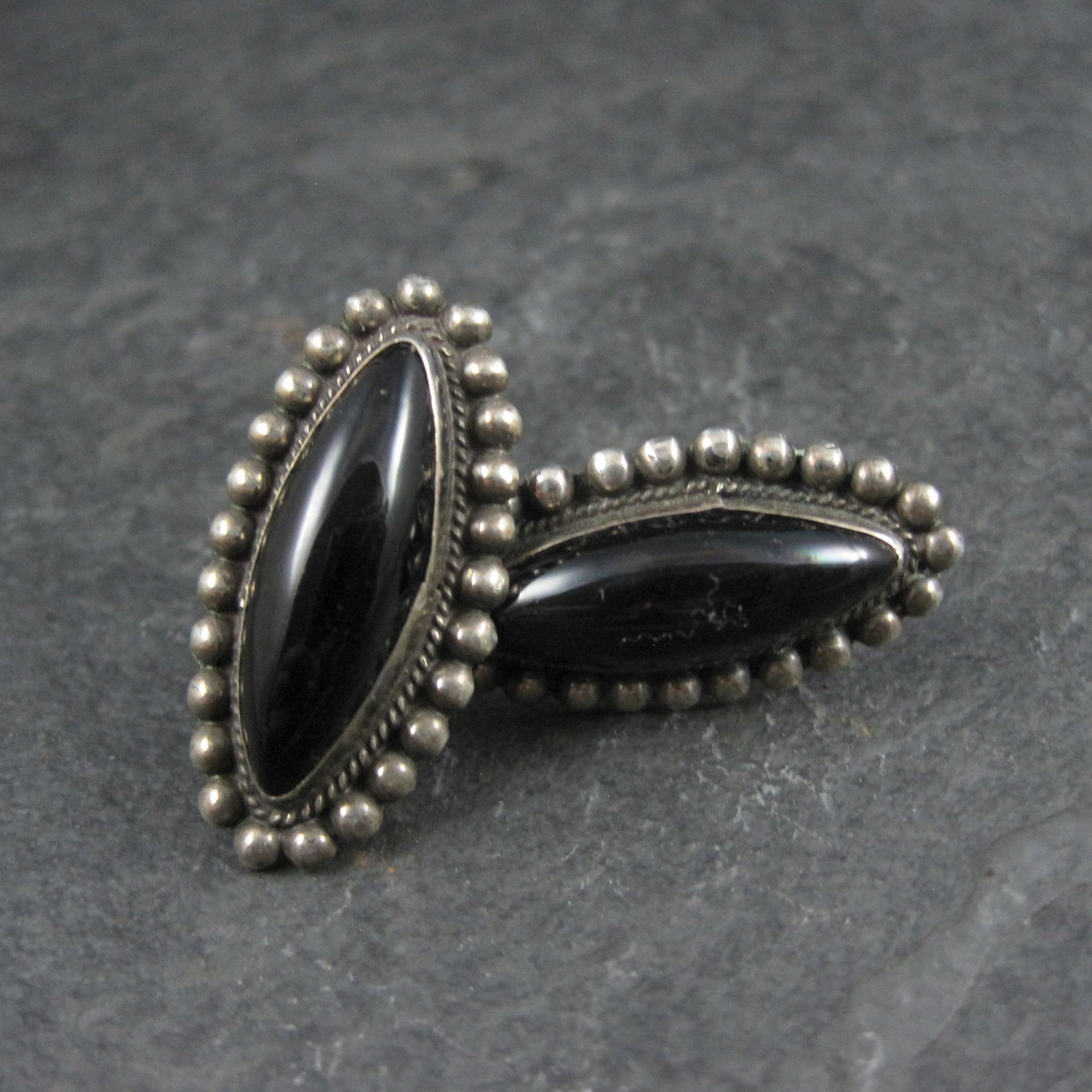 Vintage AHS Mexican Sterling Onyx Earrings Screw Back