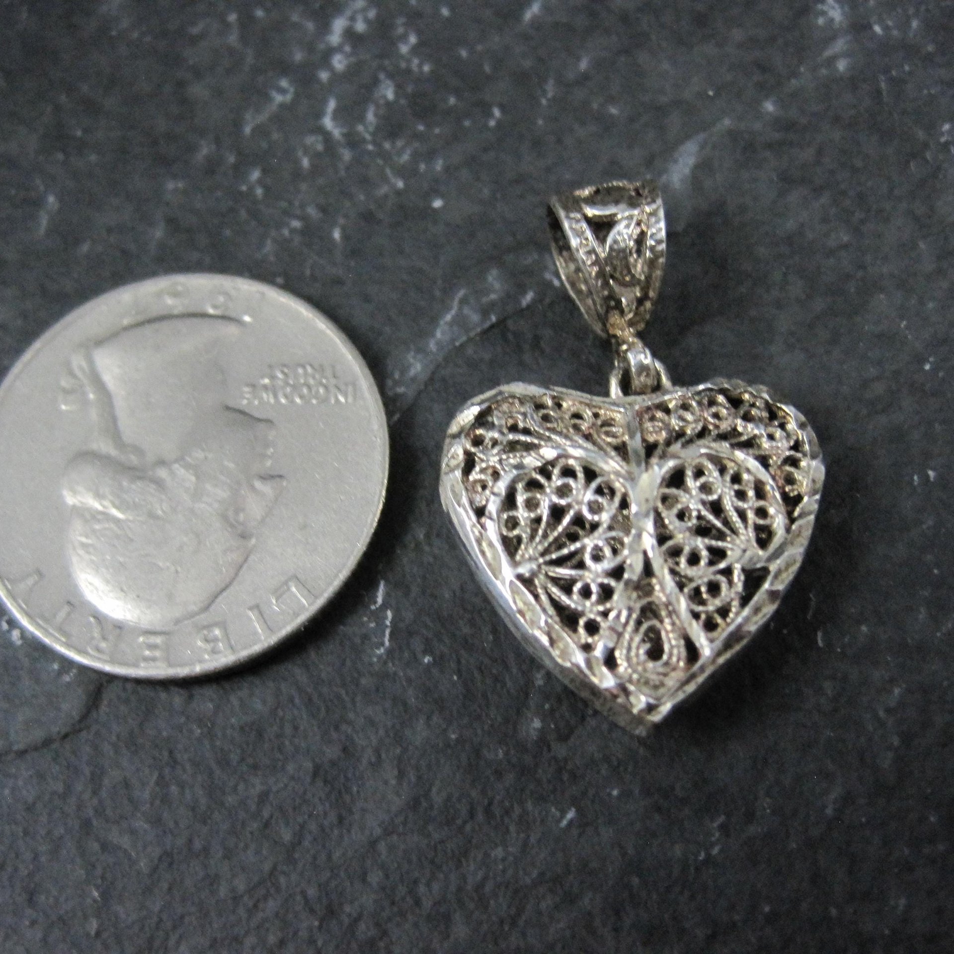 Vintage Diamond Cut Sterling Silver Filigree Heart Pendant
