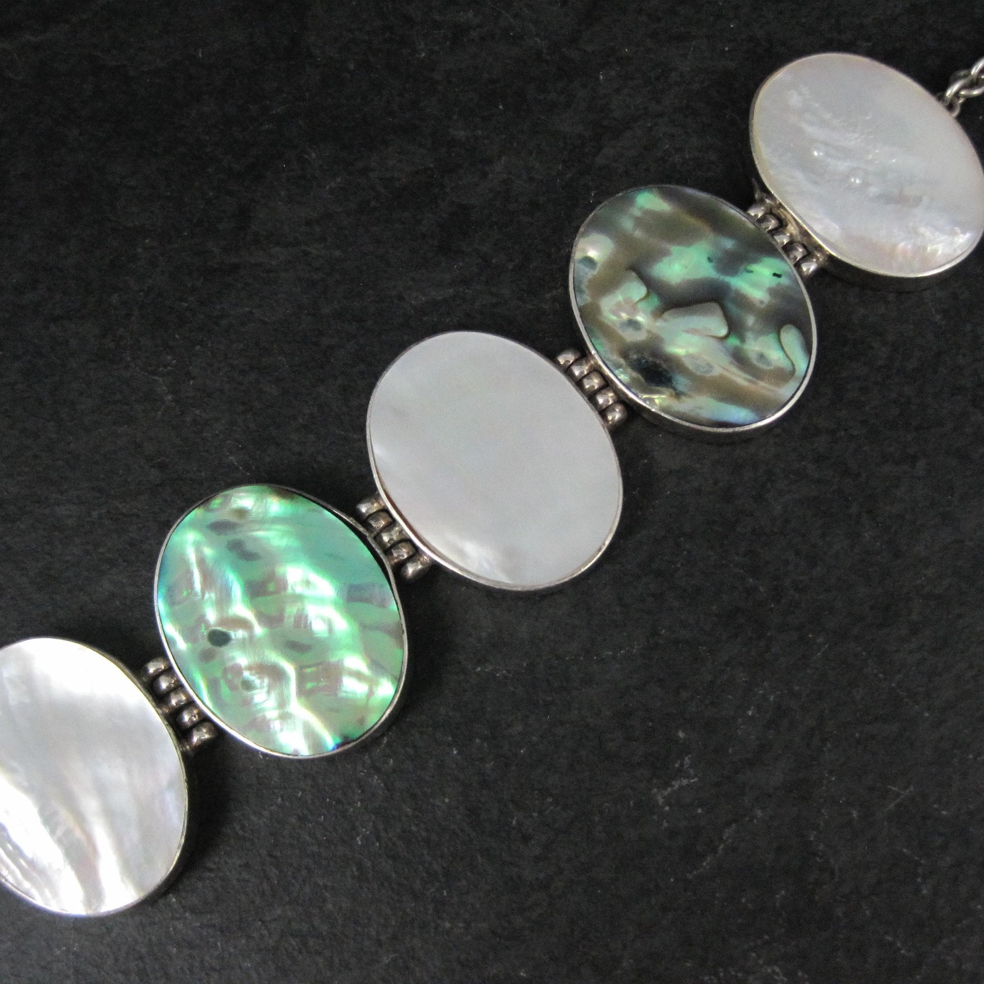 Vintage Sterling Silver Mother of Pearl and Abalone Toggle Bracelet 8"