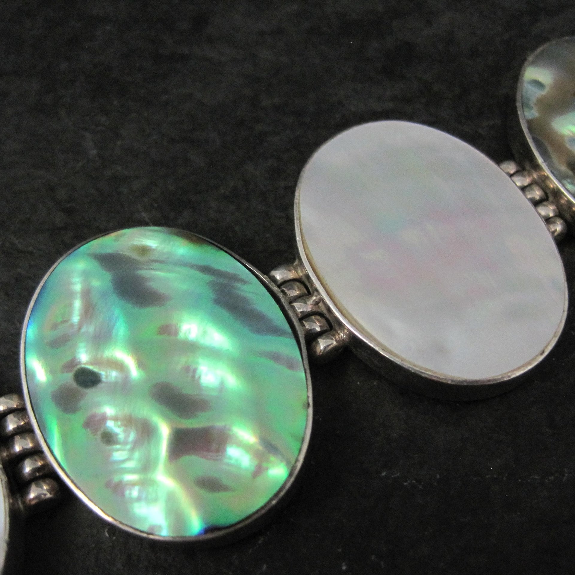Vintage Sterling Silver Mother of Pearl and Abalone Toggle Bracelet 8"