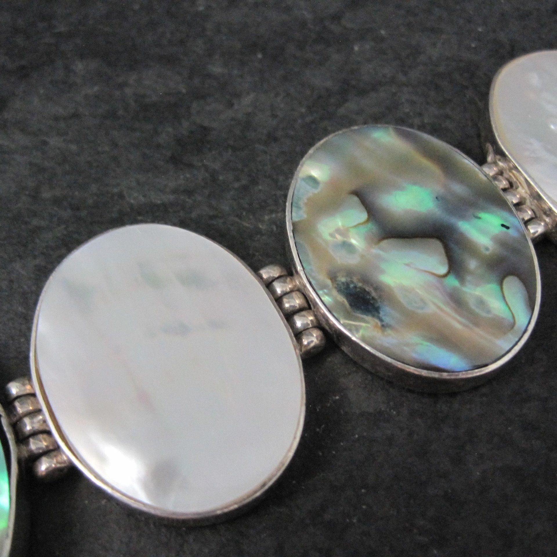 Vintage Sterling Silver Mother of Pearl and Abalone Toggle Bracelet 8"