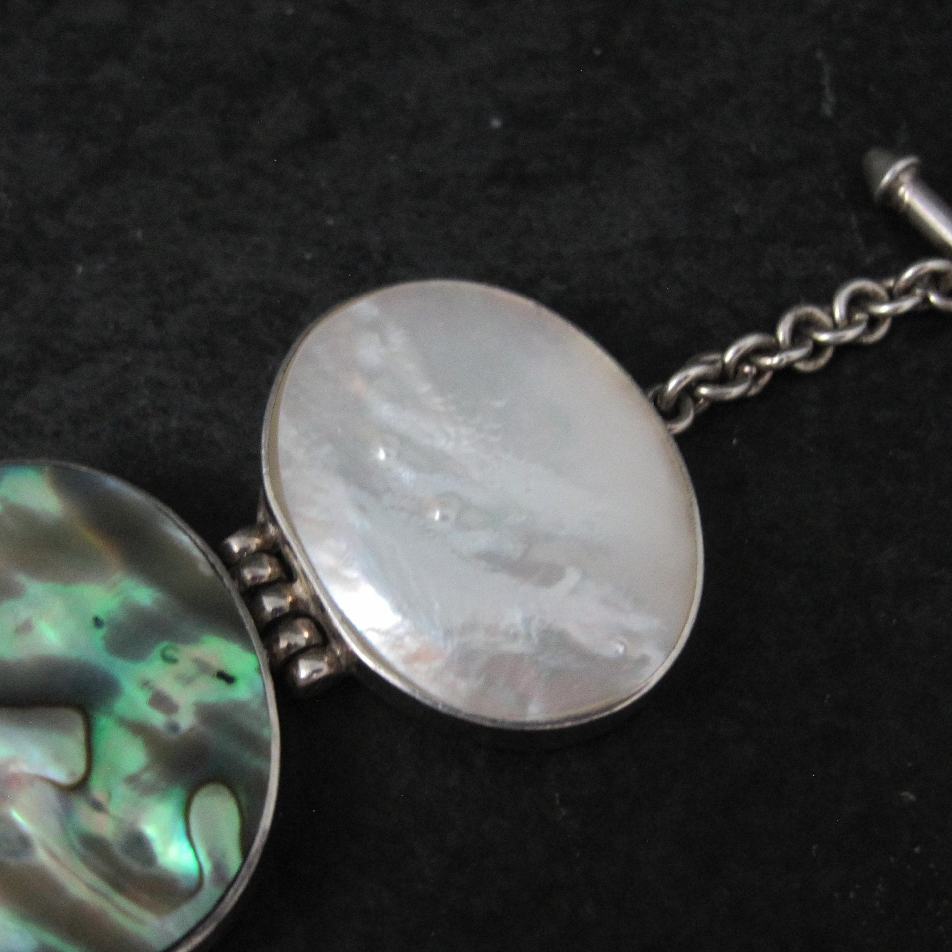Vintage Sterling Silver Mother of Pearl and Abalone Toggle Bracelet 8"