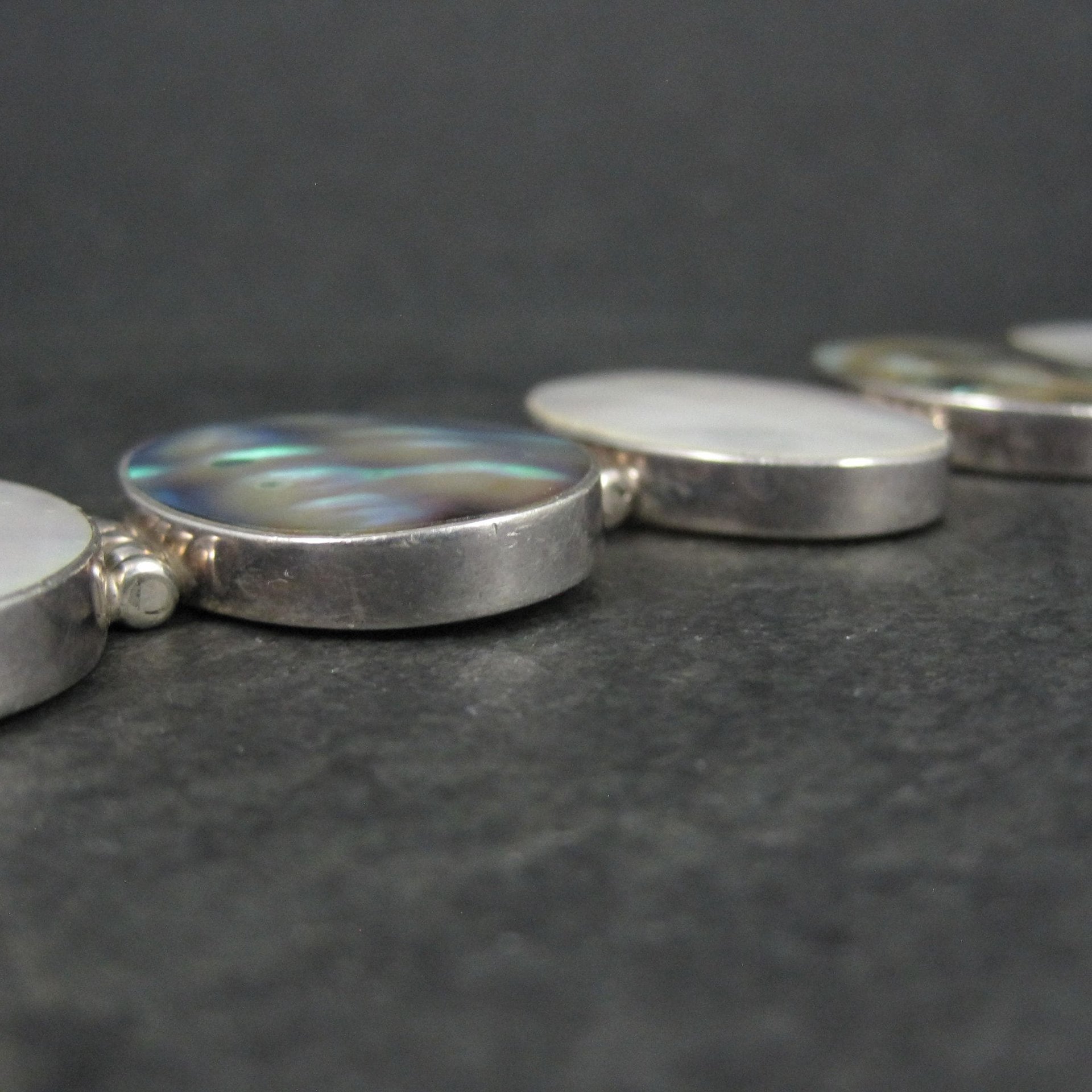 Vintage Sterling Silver Mother of Pearl and Abalone Toggle Bracelet 8"