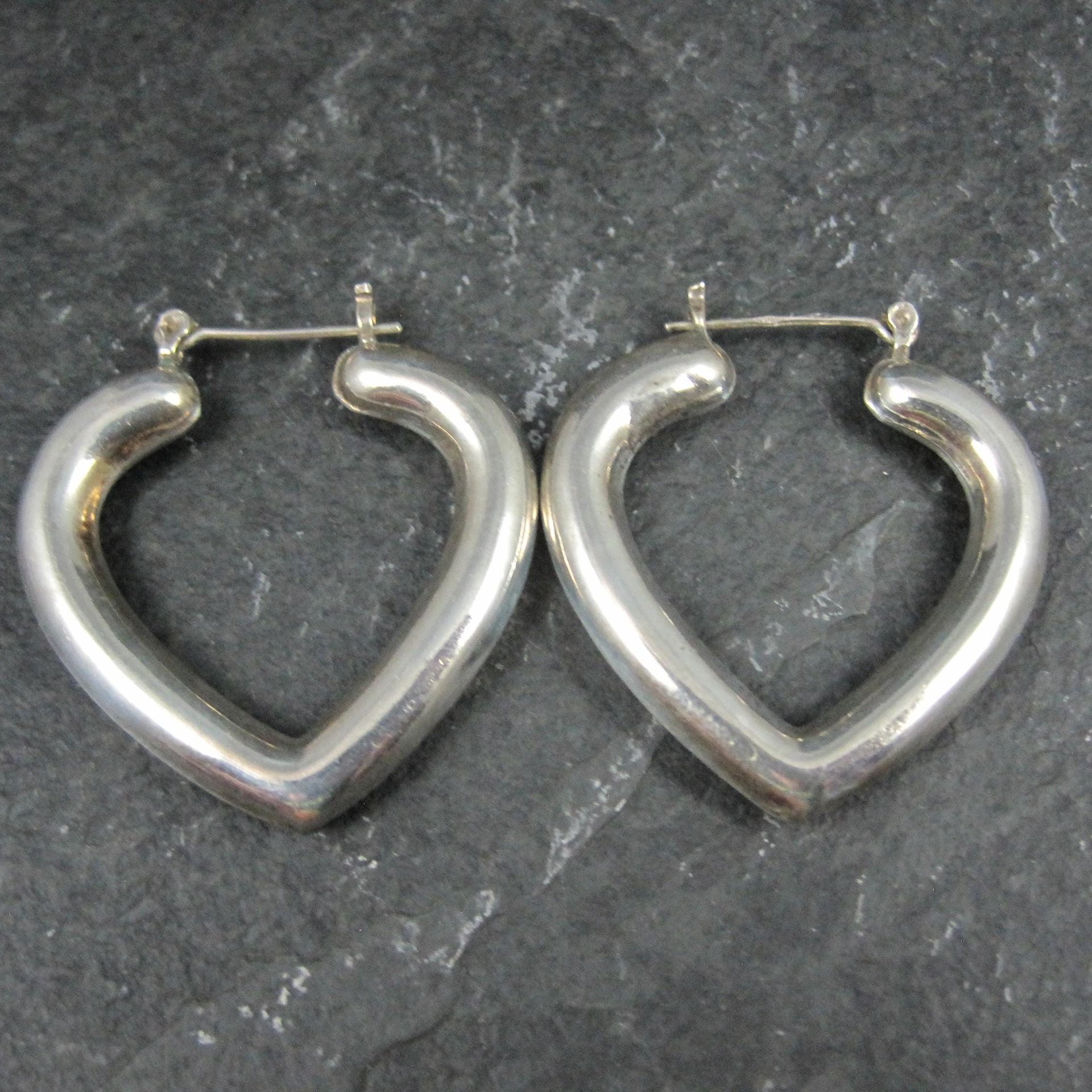 Large Vintage Sterling Silver Heart Latch Hoop Earrings