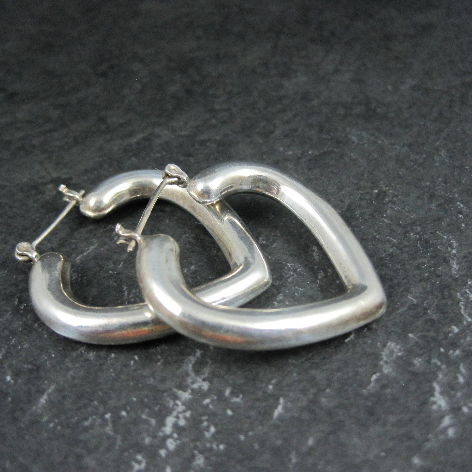 Large Vintage Sterling Silver Heart Latch Hoop Earrings
