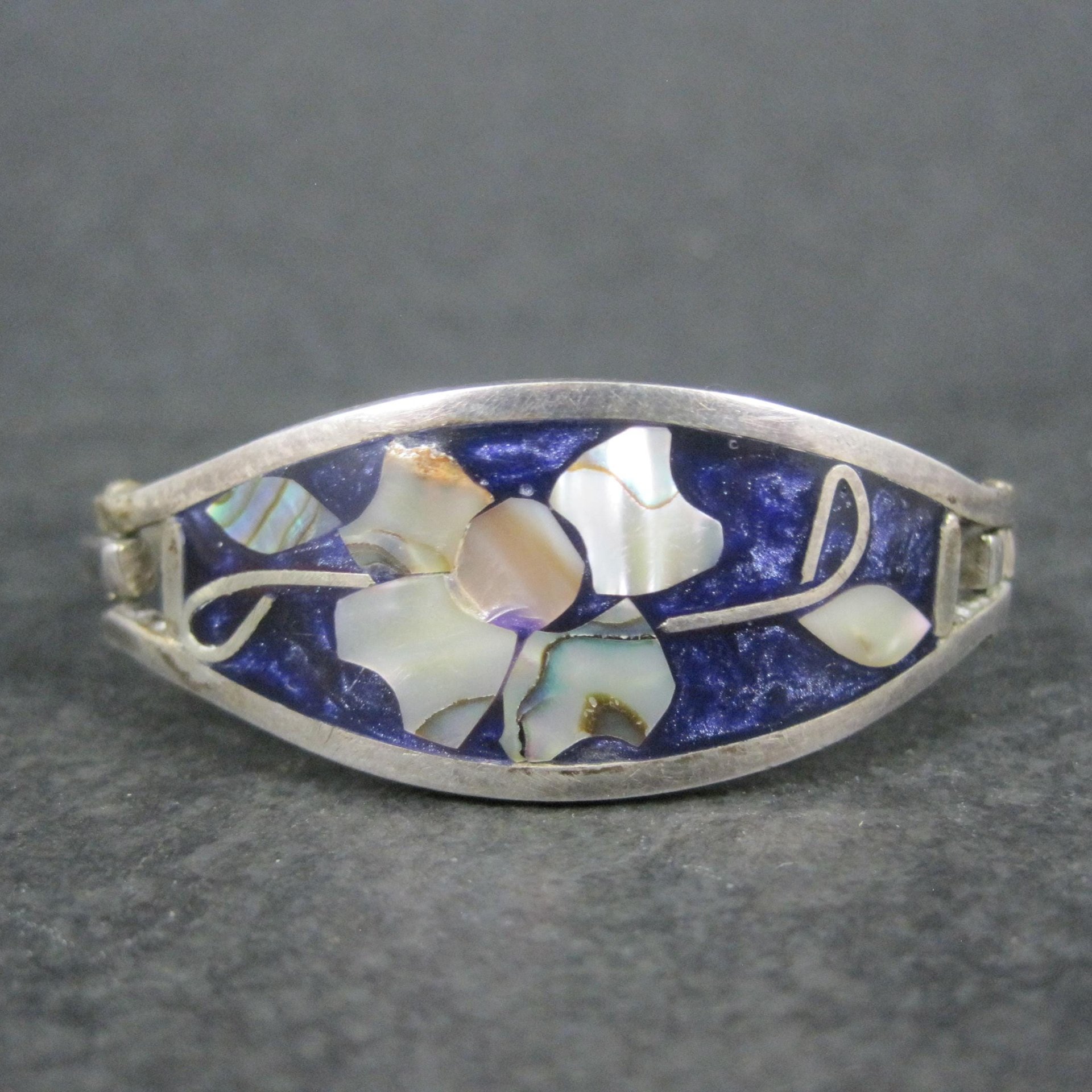 Small Alpaca Silver Abalone Flower Bangle Bracelet 5"