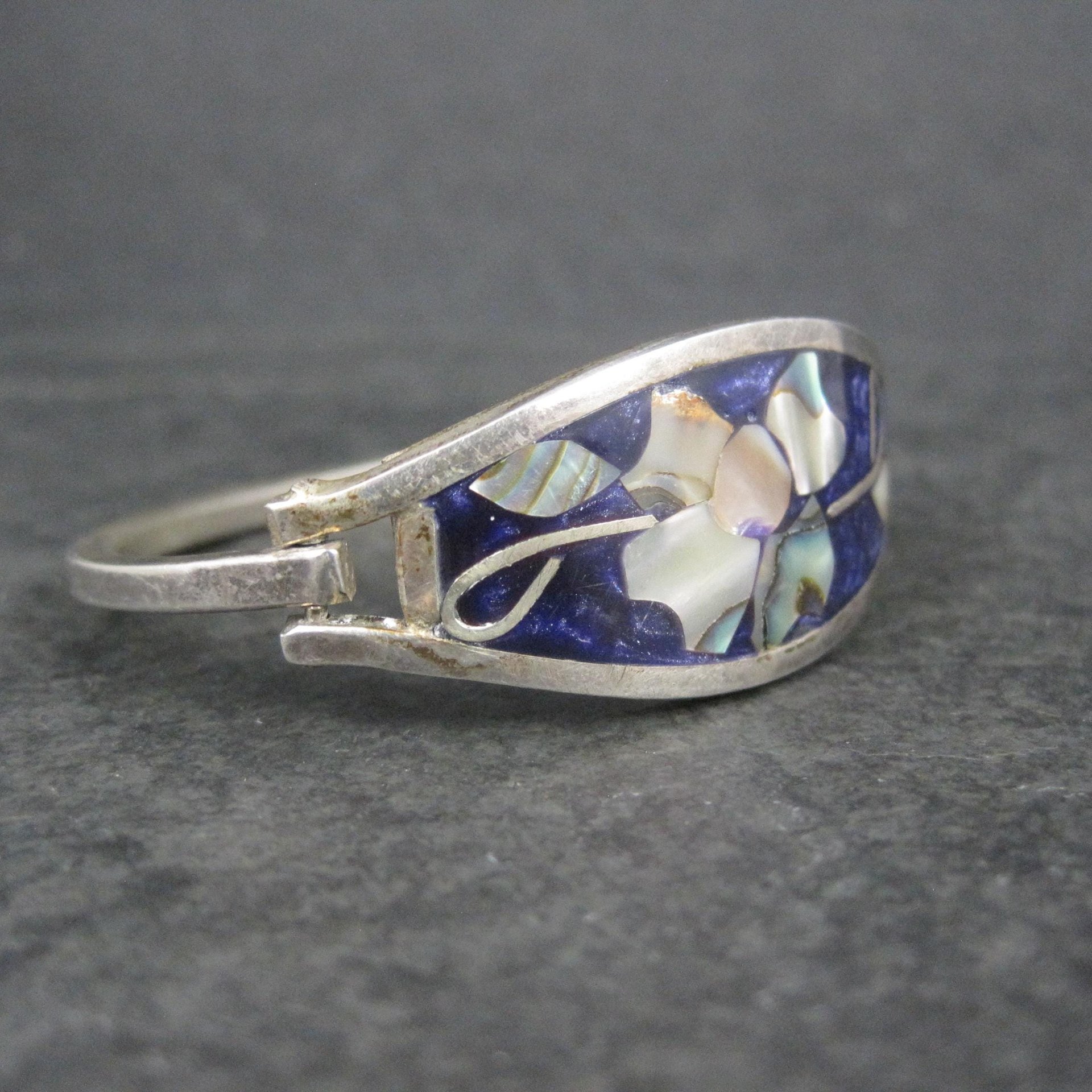 Small Alpaca Silver Abalone Flower Bangle Bracelet 5"