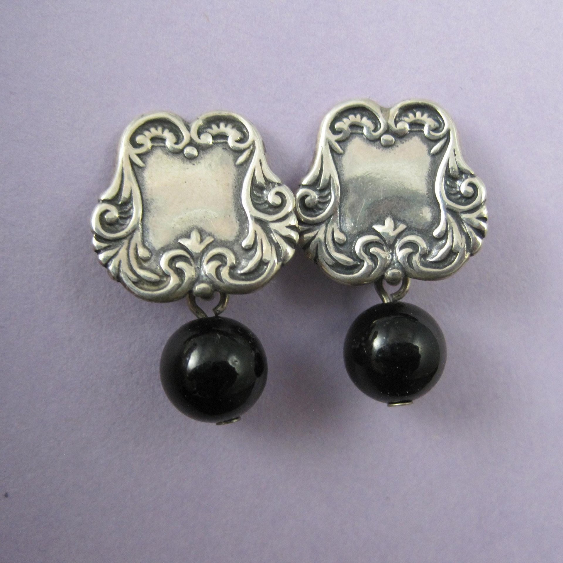 Vintage Sterling Silver Onyx Sphere Earrings