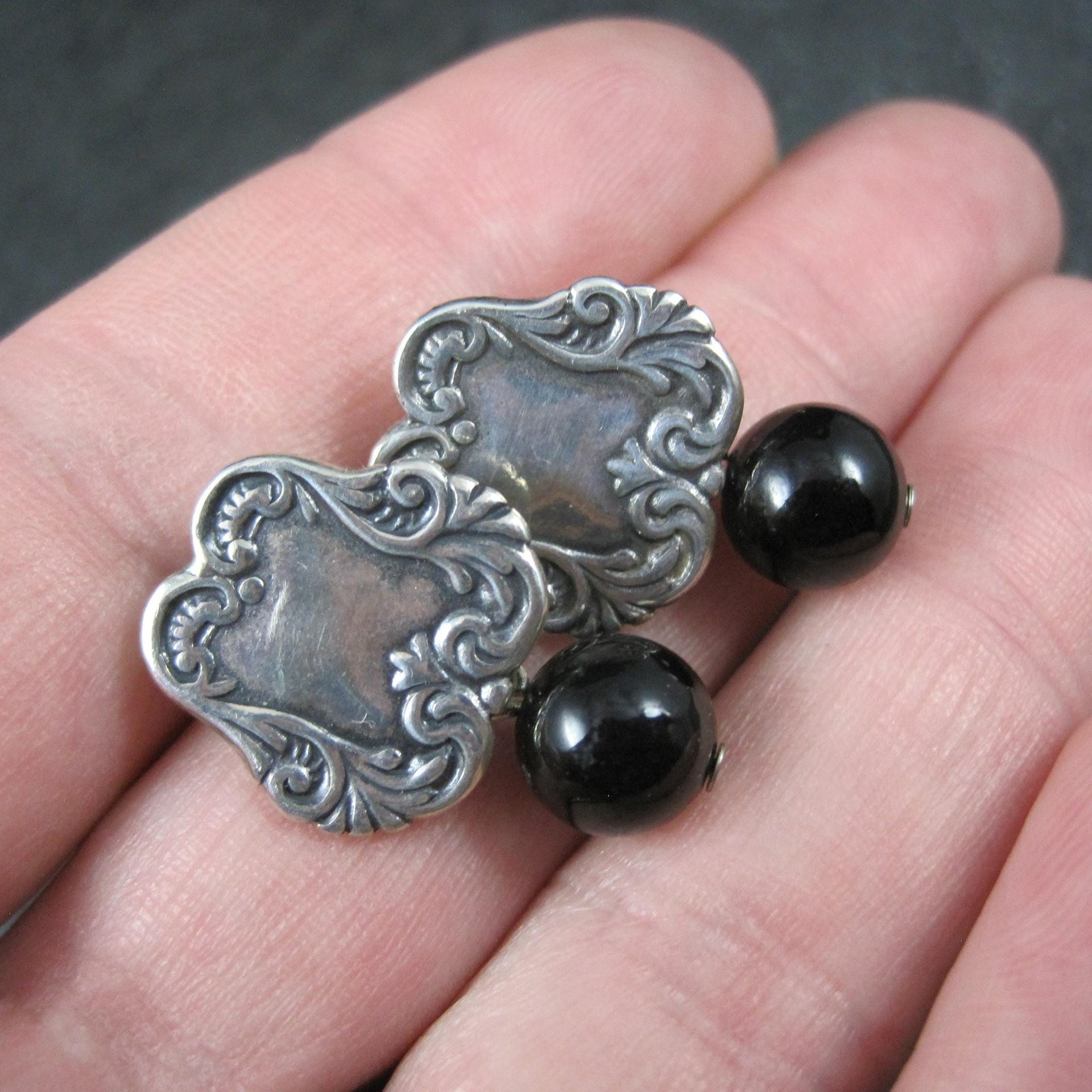 Vintage Sterling Silver Onyx Sphere Earrings