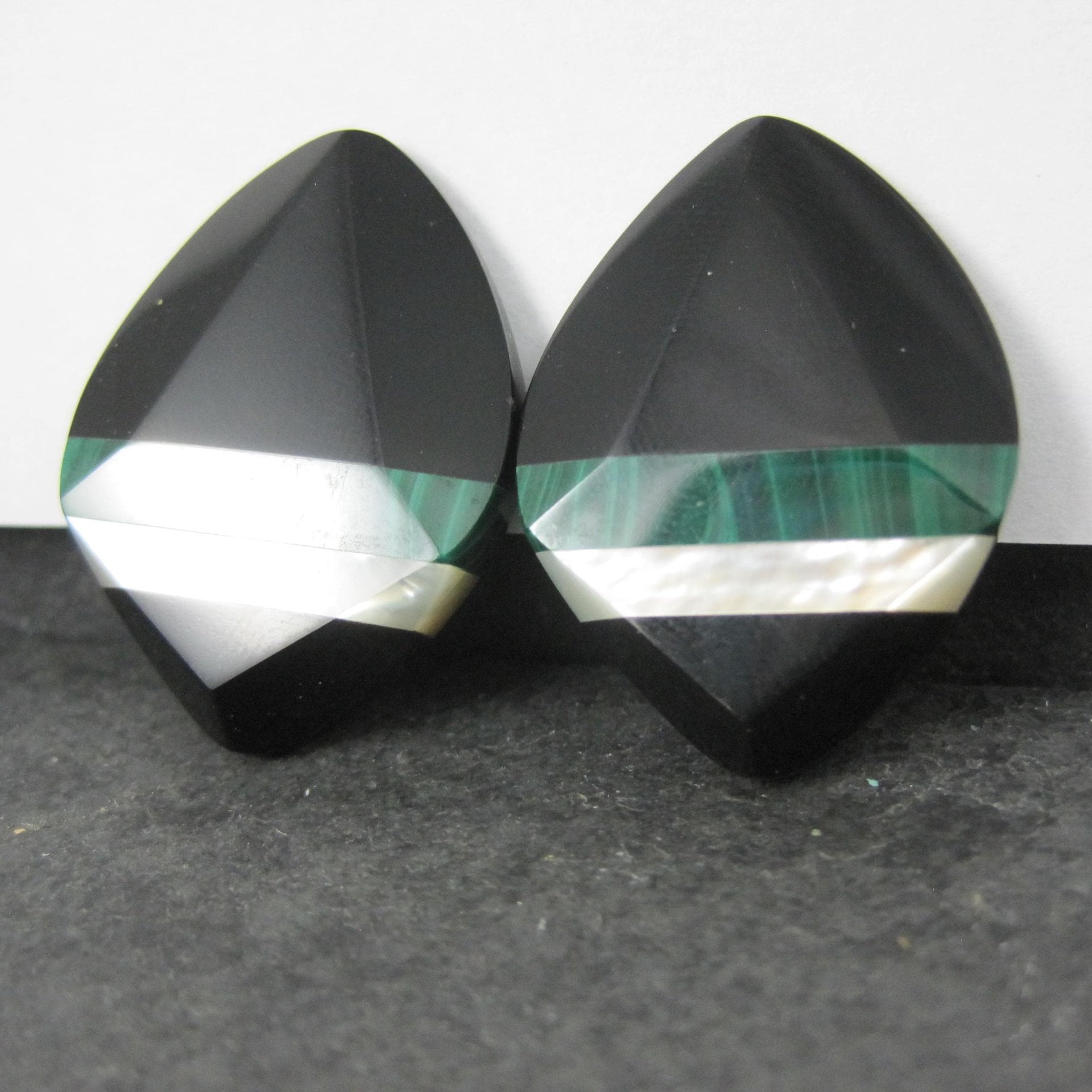 Vintage Onyx Malachite & Mother of Pearl Clip On Earrings