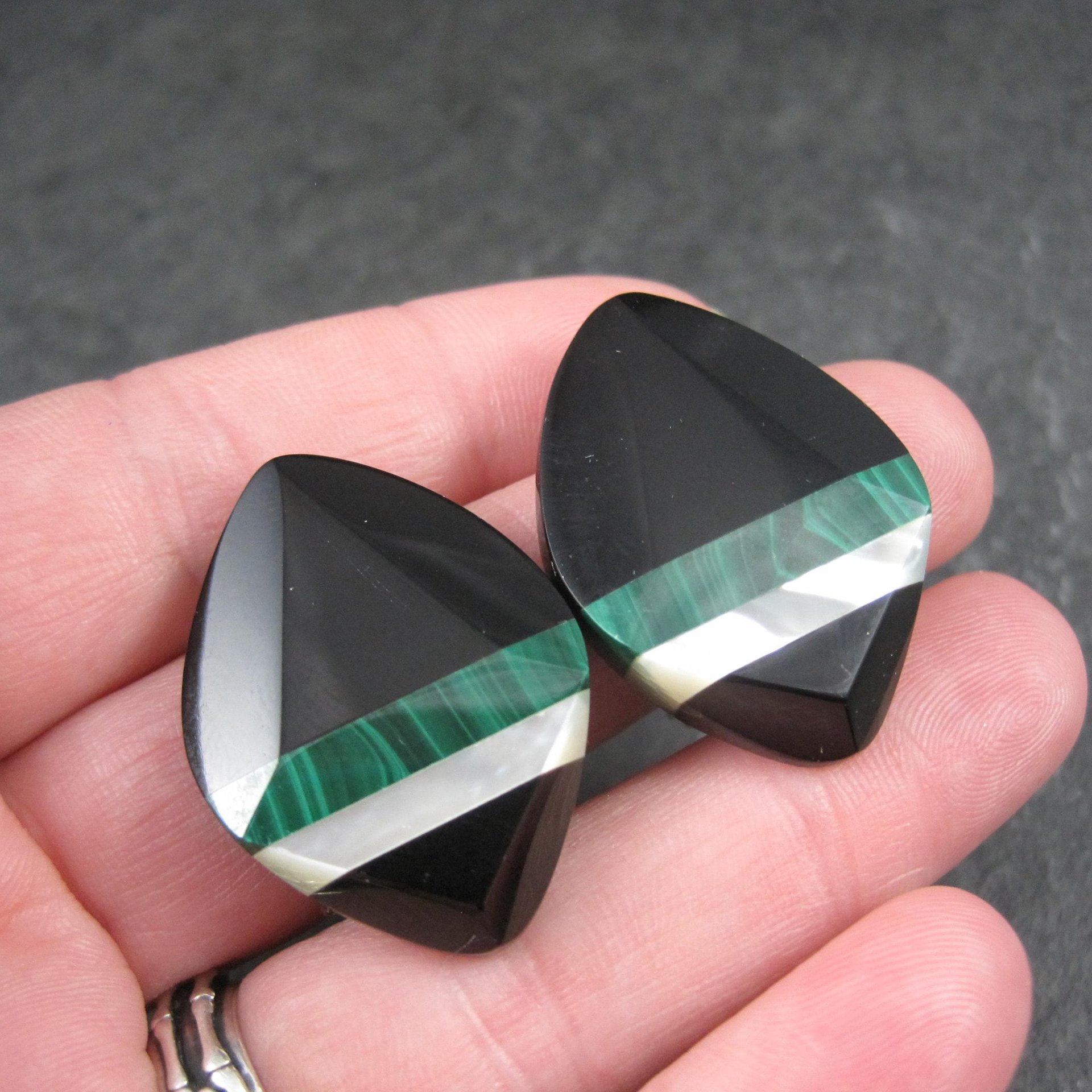 Vintage Onyx Malachite & Mother of Pearl Clip On Earrings