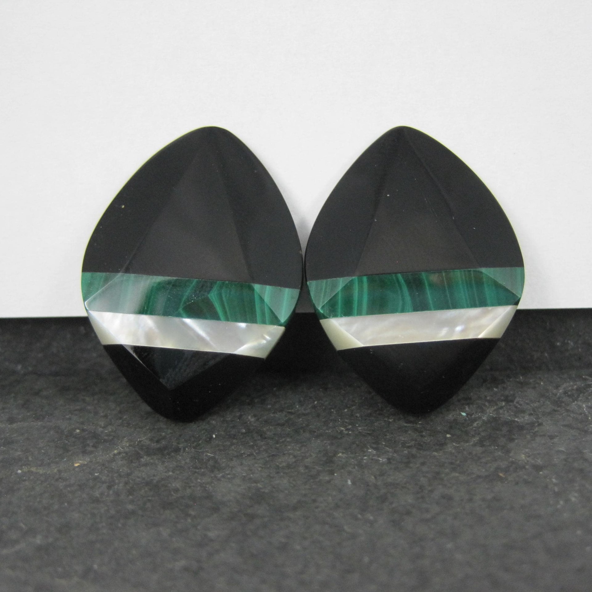 Vintage Onyx Malachite & Mother of Pearl Clip On Earrings