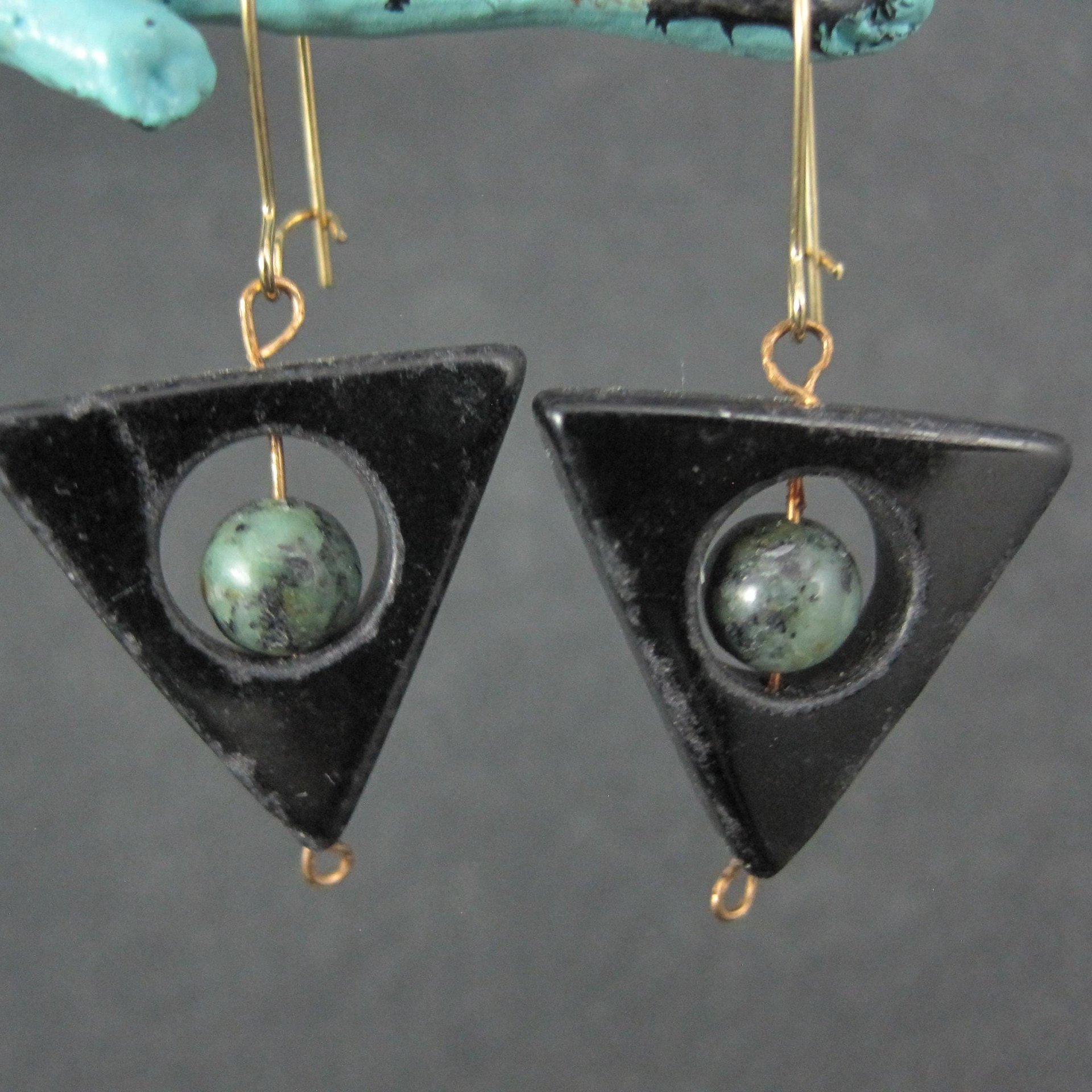 Onyx Moss Agate Triangle Earrings