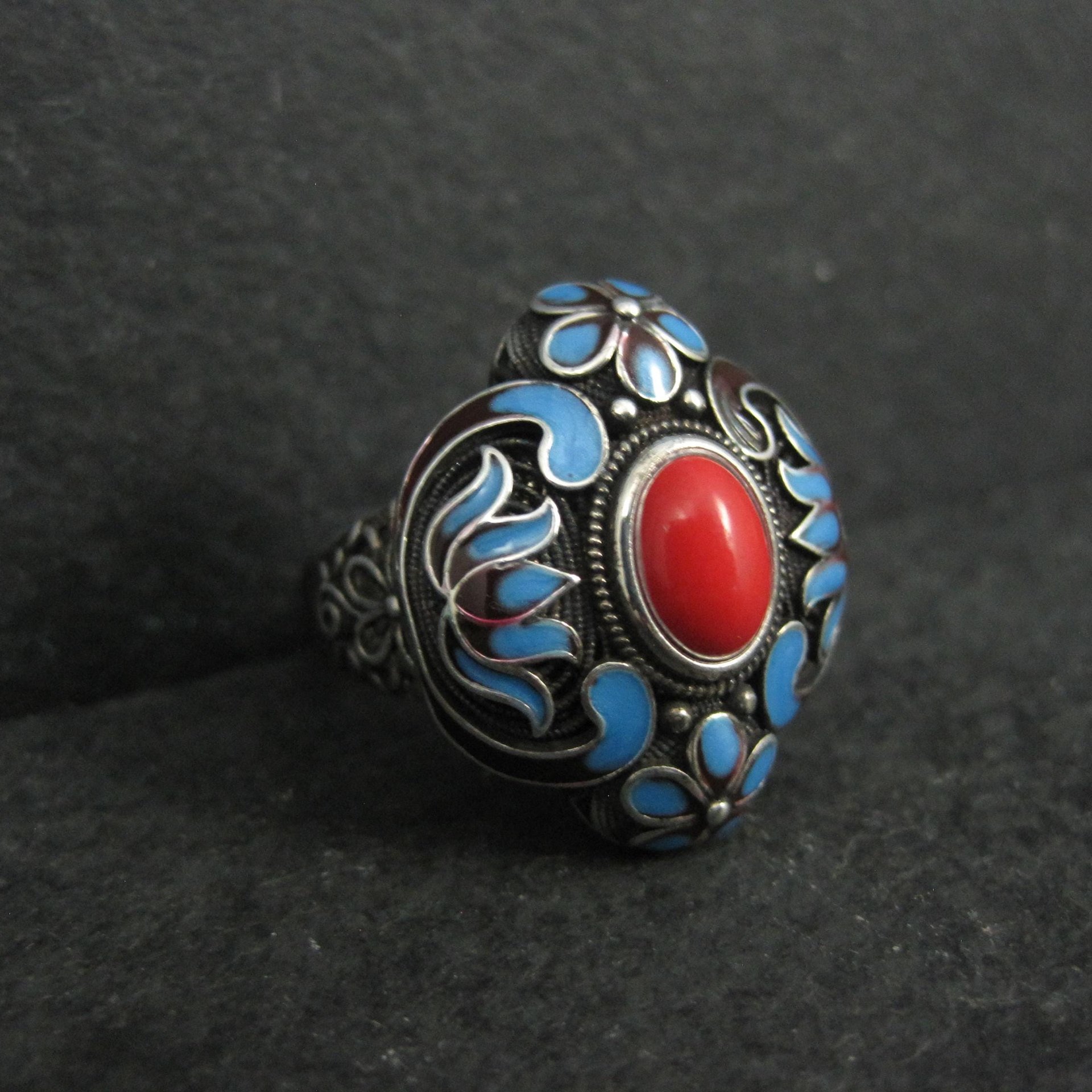 Vintage Enamel Ring 900 Silver Adjustable