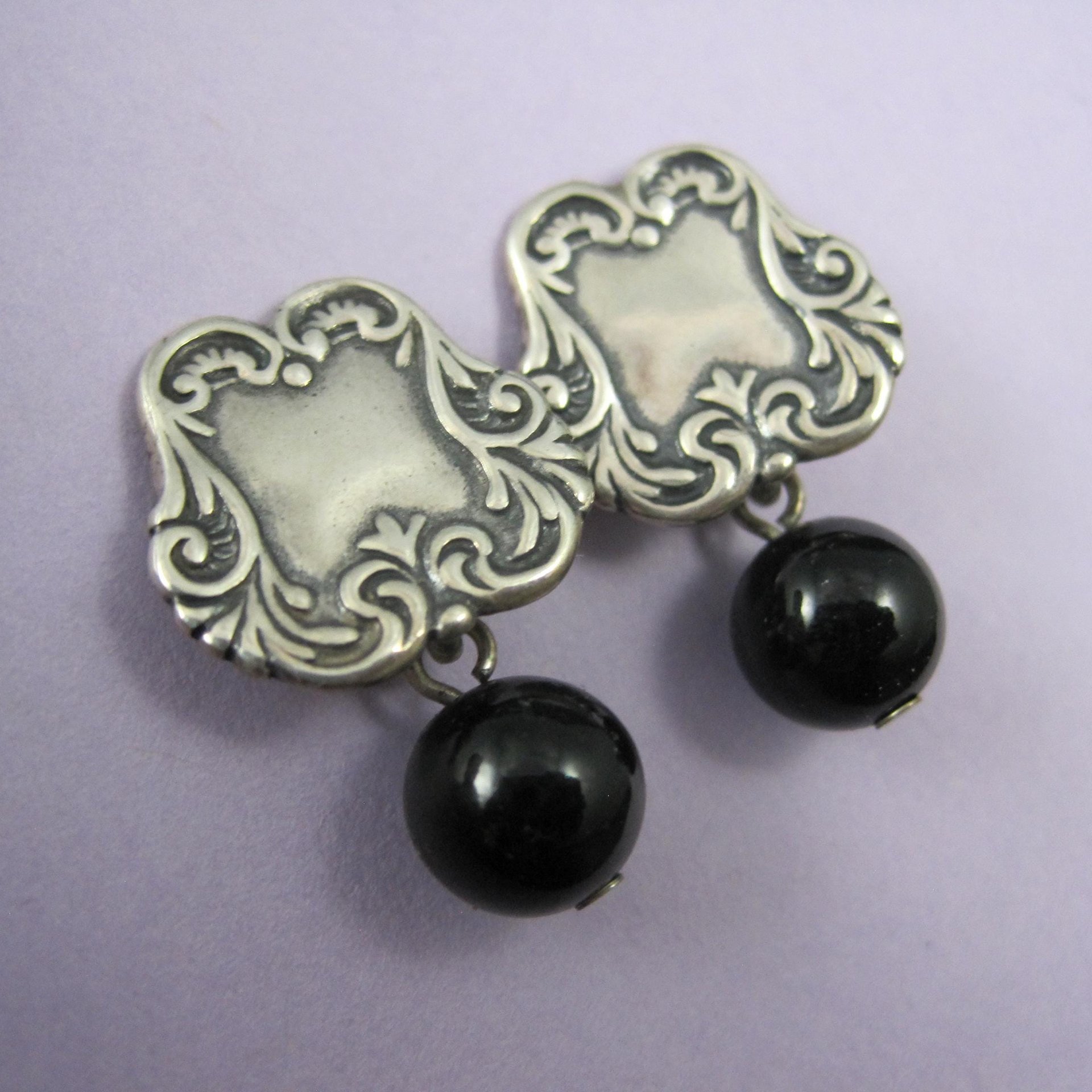 Vintage Sterling Silver Onyx Sphere Earrings