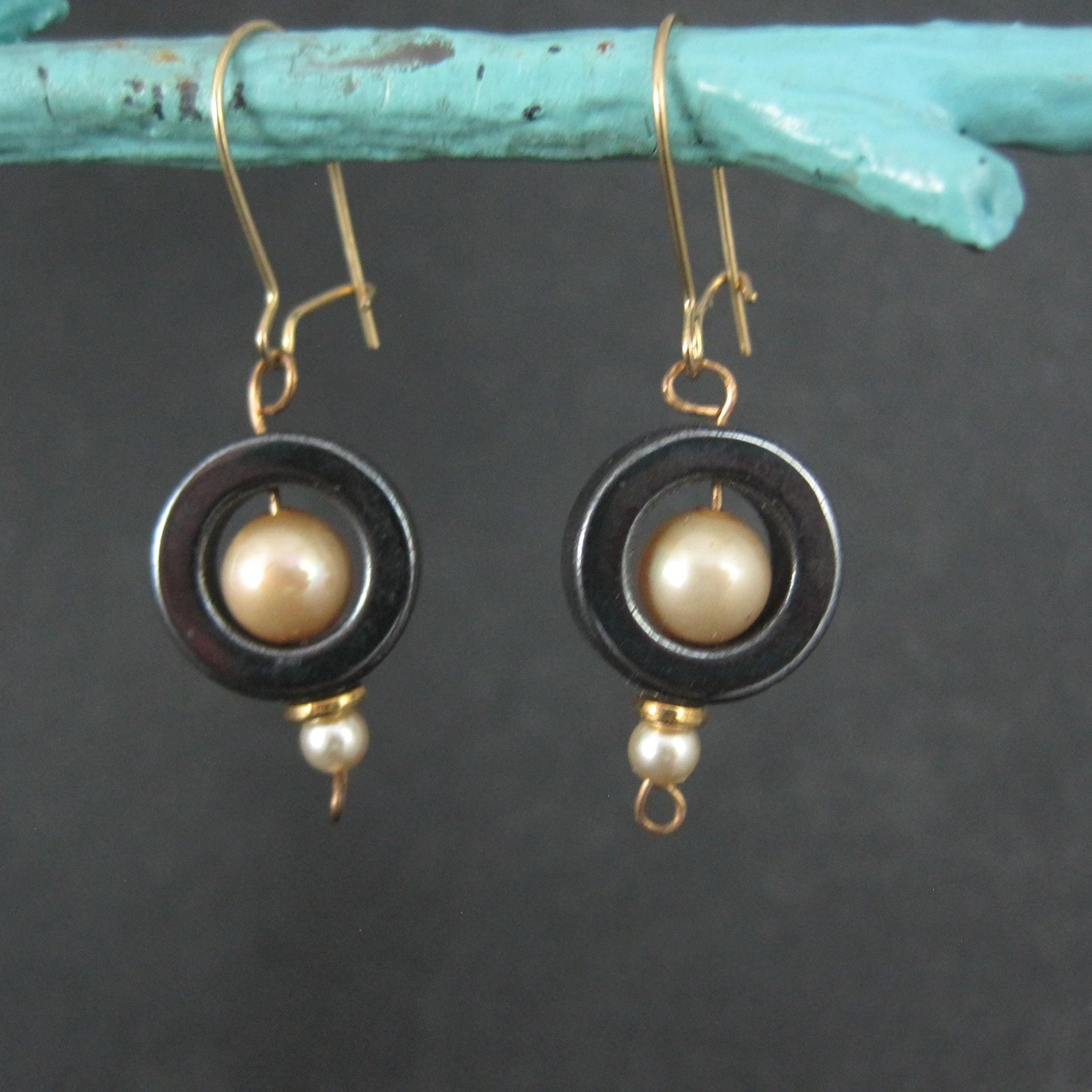Vintage 14K Hematite and Pearl Earrings