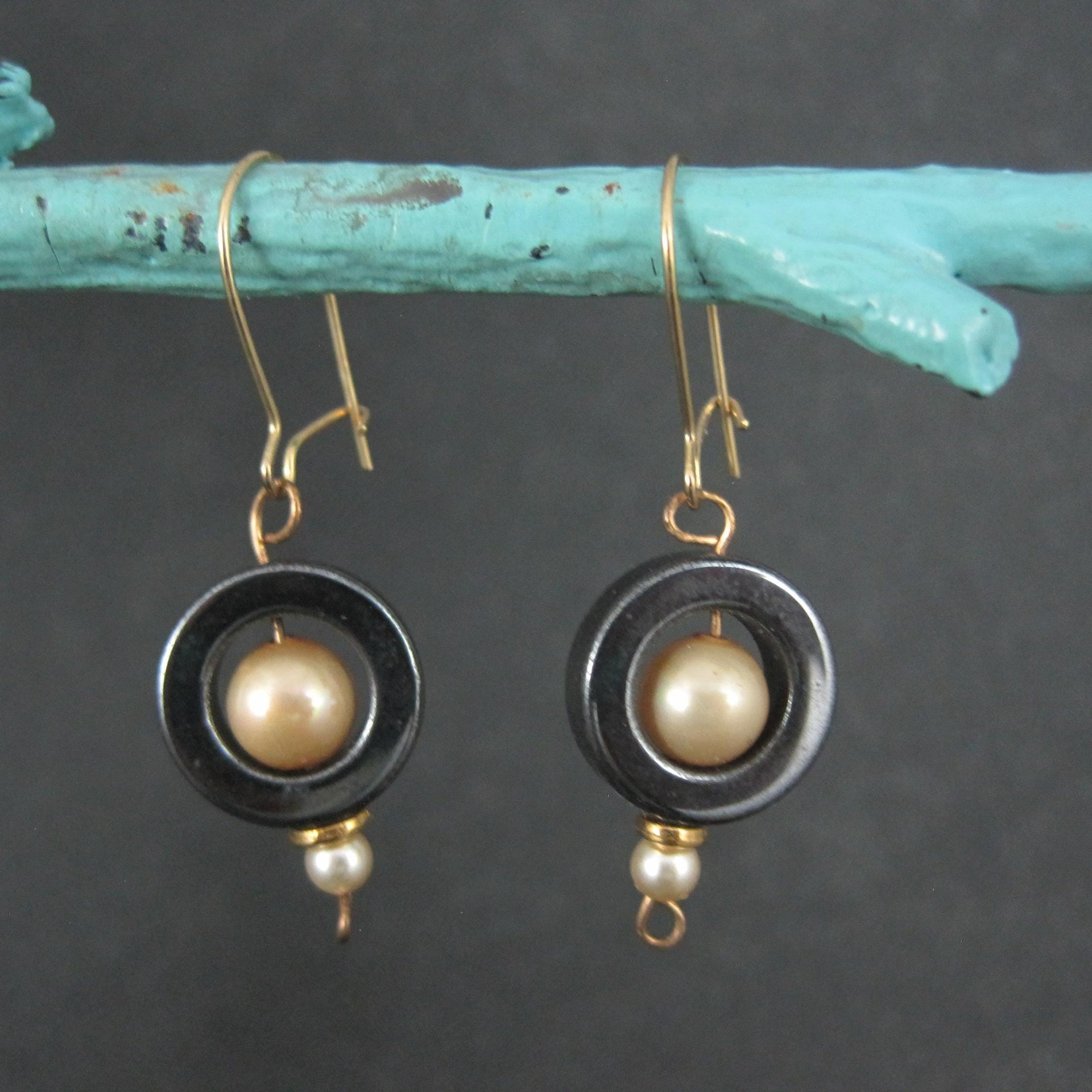 Vintage 14K Hematite and Pearl Earrings