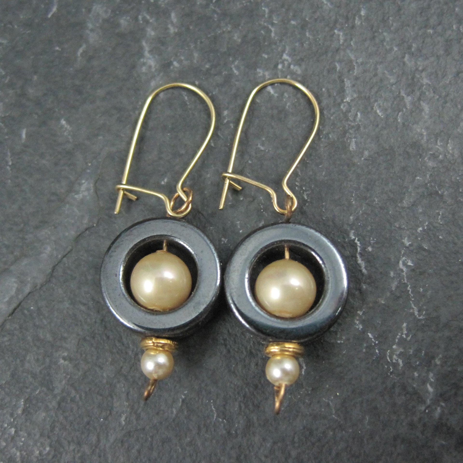 Vintage 14K Hematite and Pearl Earrings