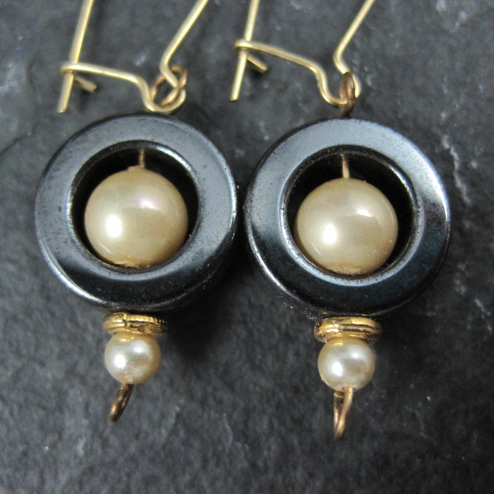 Vintage 14K Hematite and Pearl Earrings