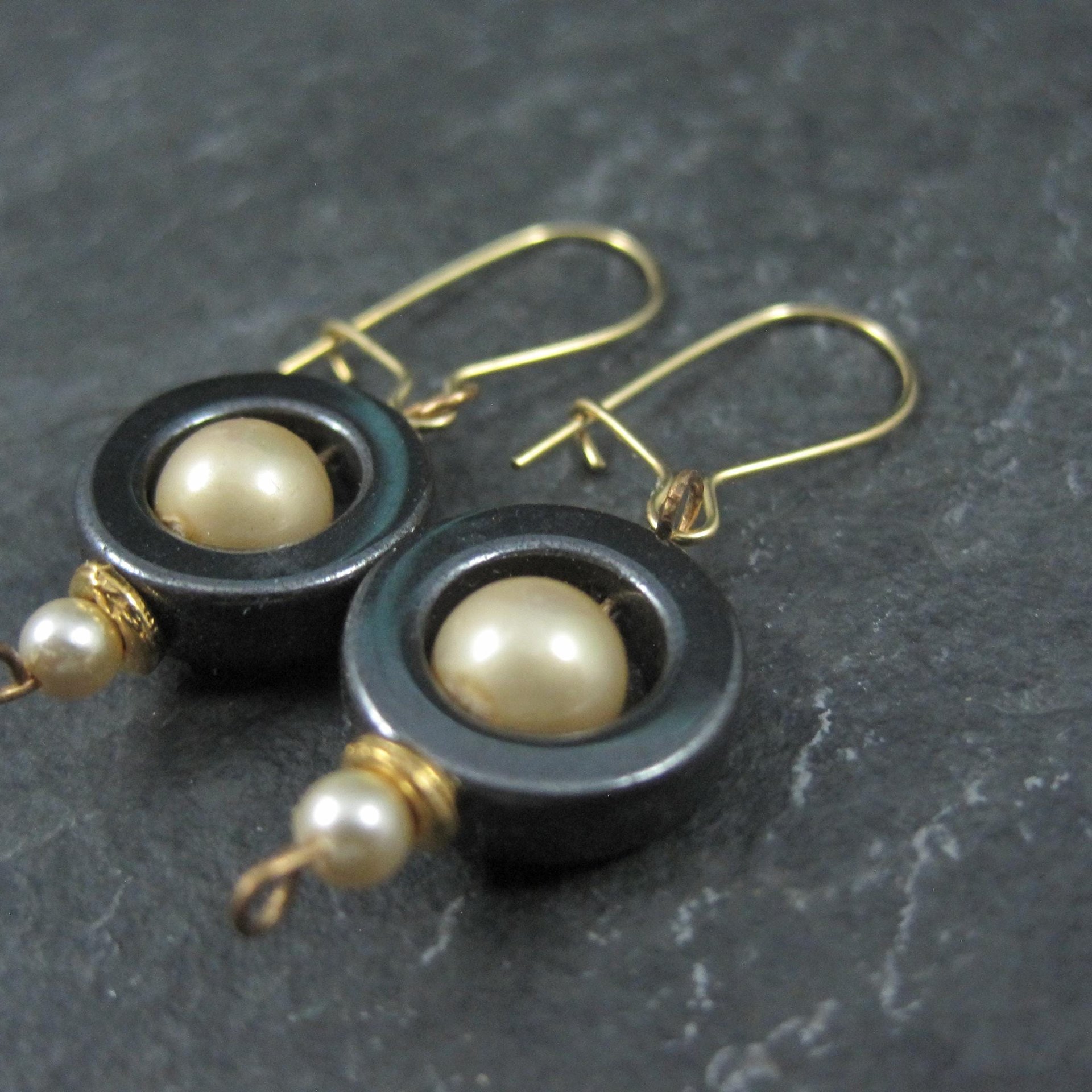 Vintage 14K Hematite and Pearl Earrings