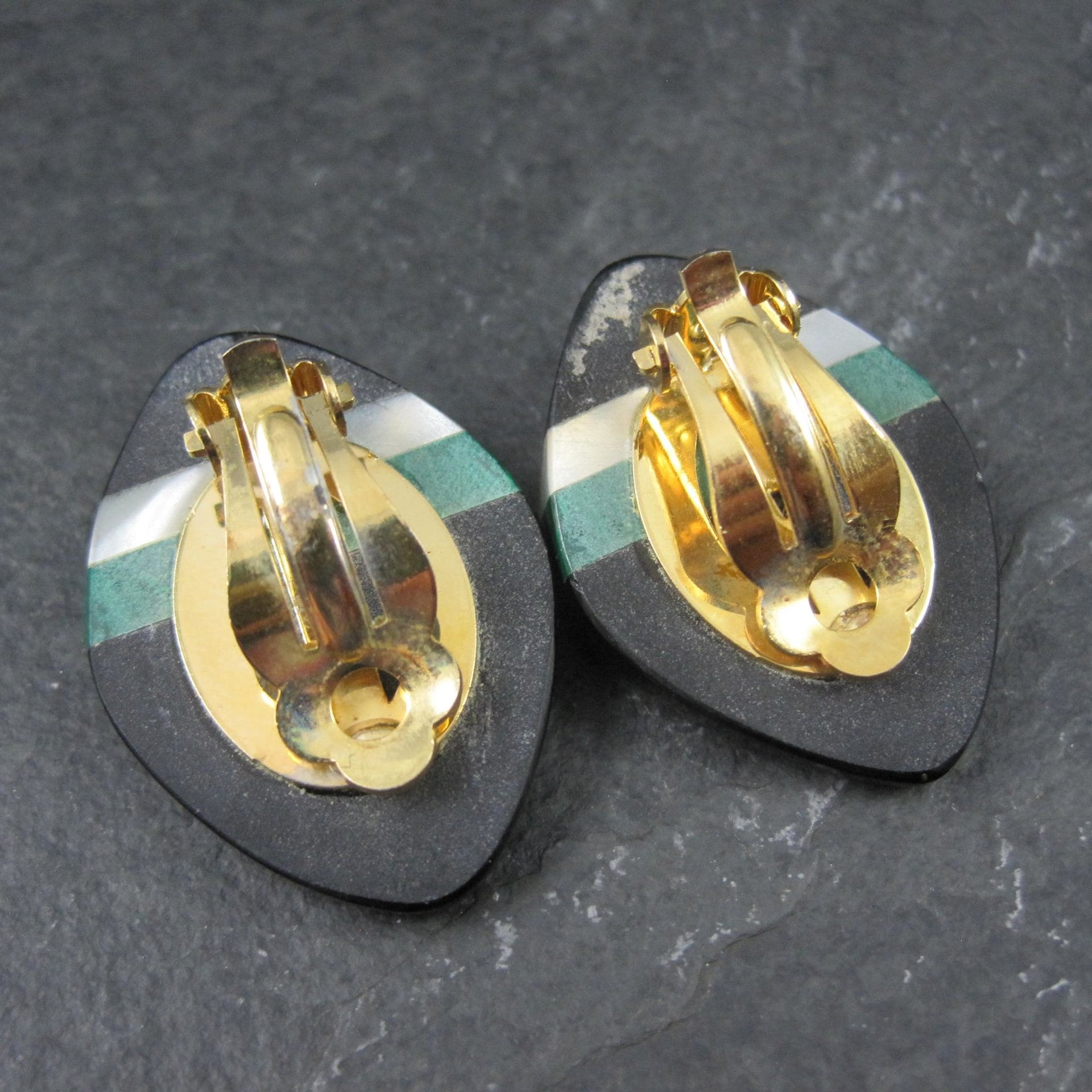 Vintage Onyx Malachite & Mother of Pearl Clip On Earrings