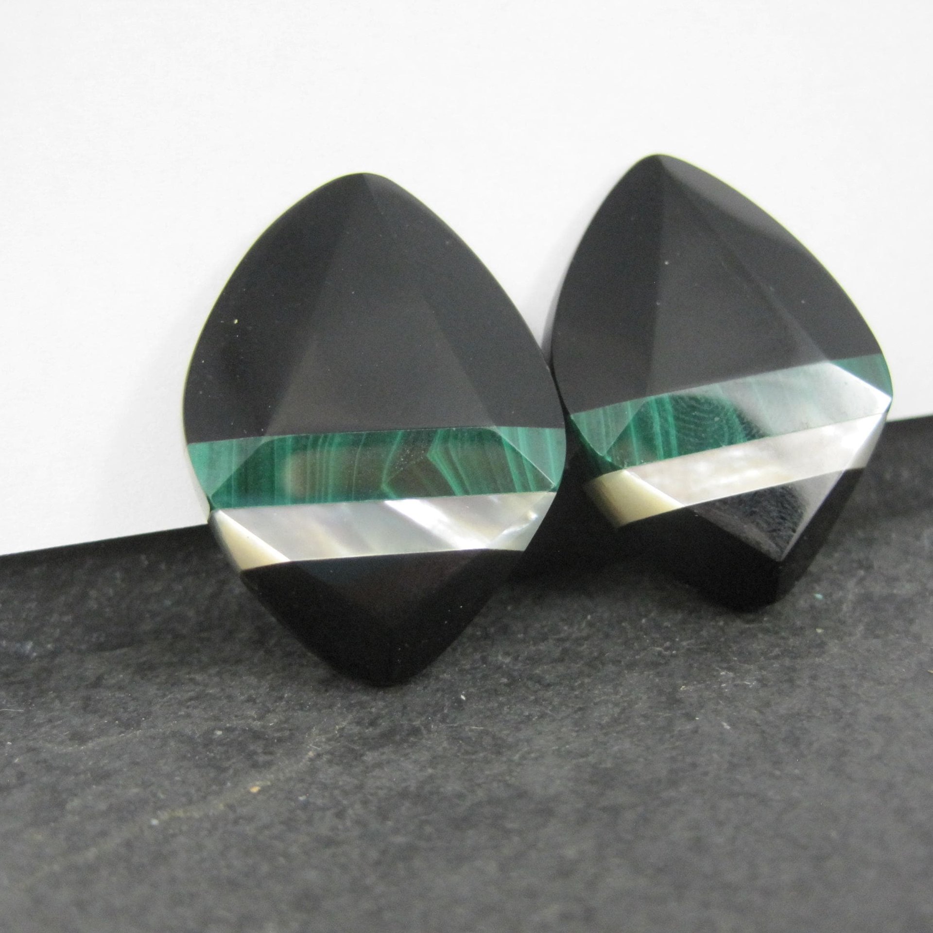 Vintage Onyx Malachite & Mother of Pearl Clip On Earrings
