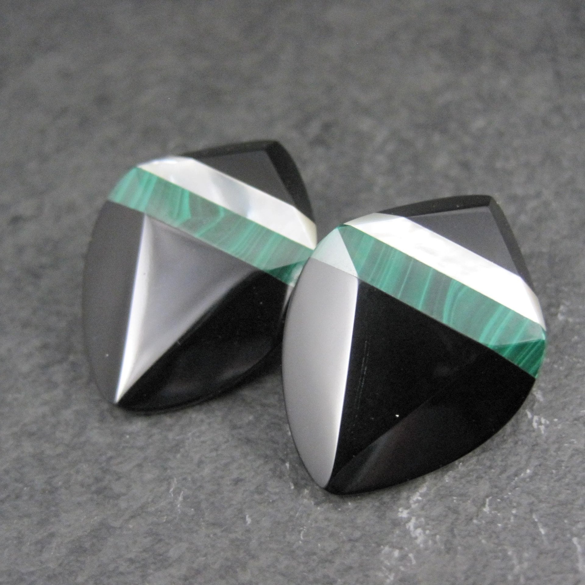 Vintage Onyx Malachite & Mother of Pearl Clip On Earrings