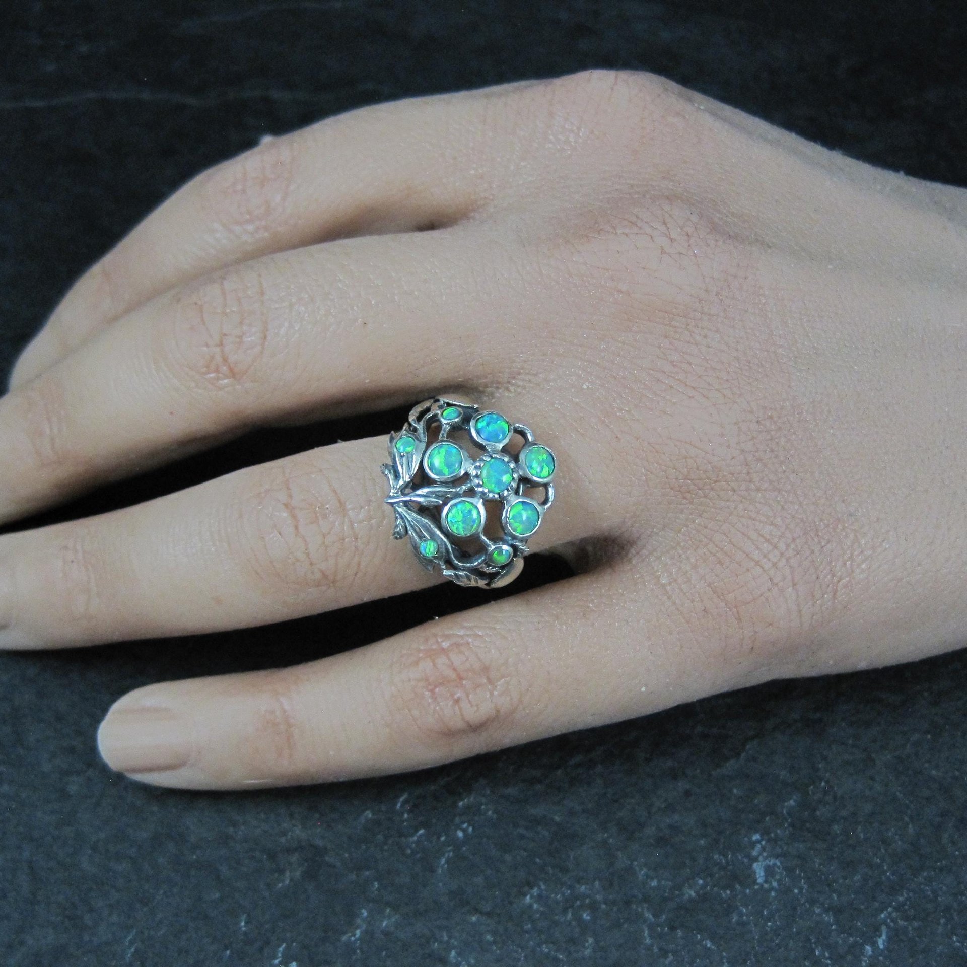 Sterling Silver Opal Flower Ring Size 7