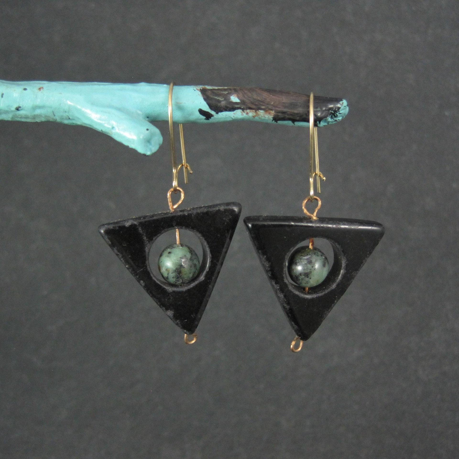 Onyx Moss Agate Triangle Earrings