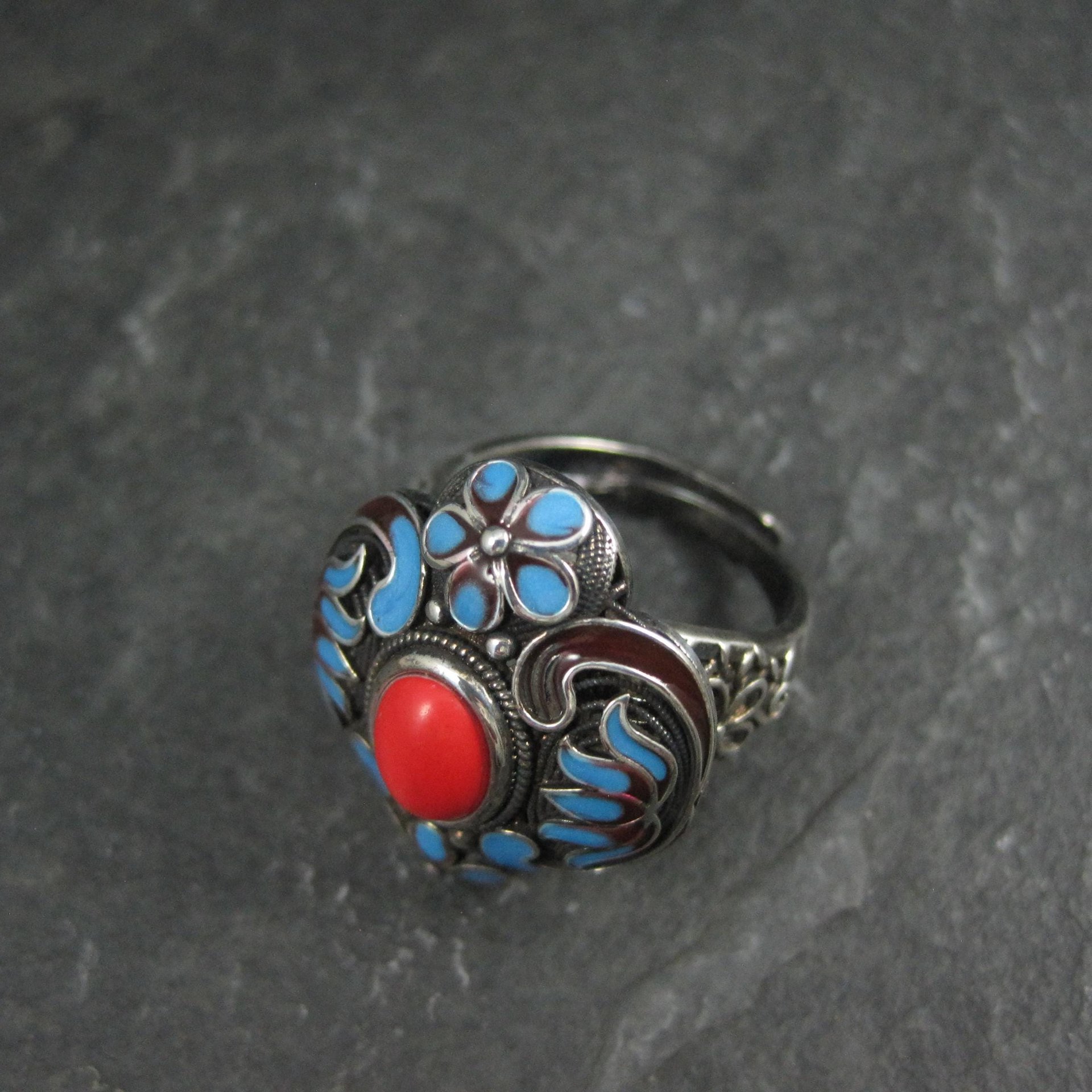 Vintage Enamel Ring 900 Silver Adjustable