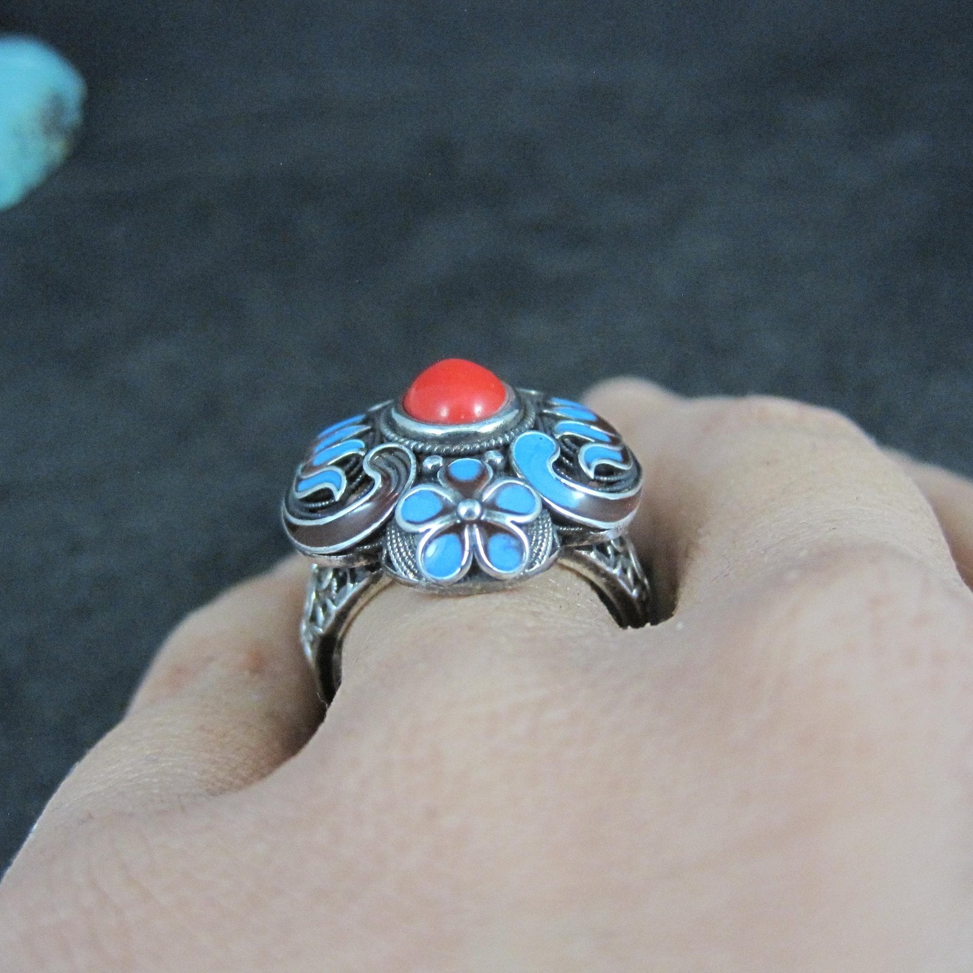 Vintage Enamel Ring 900 Silver Adjustable