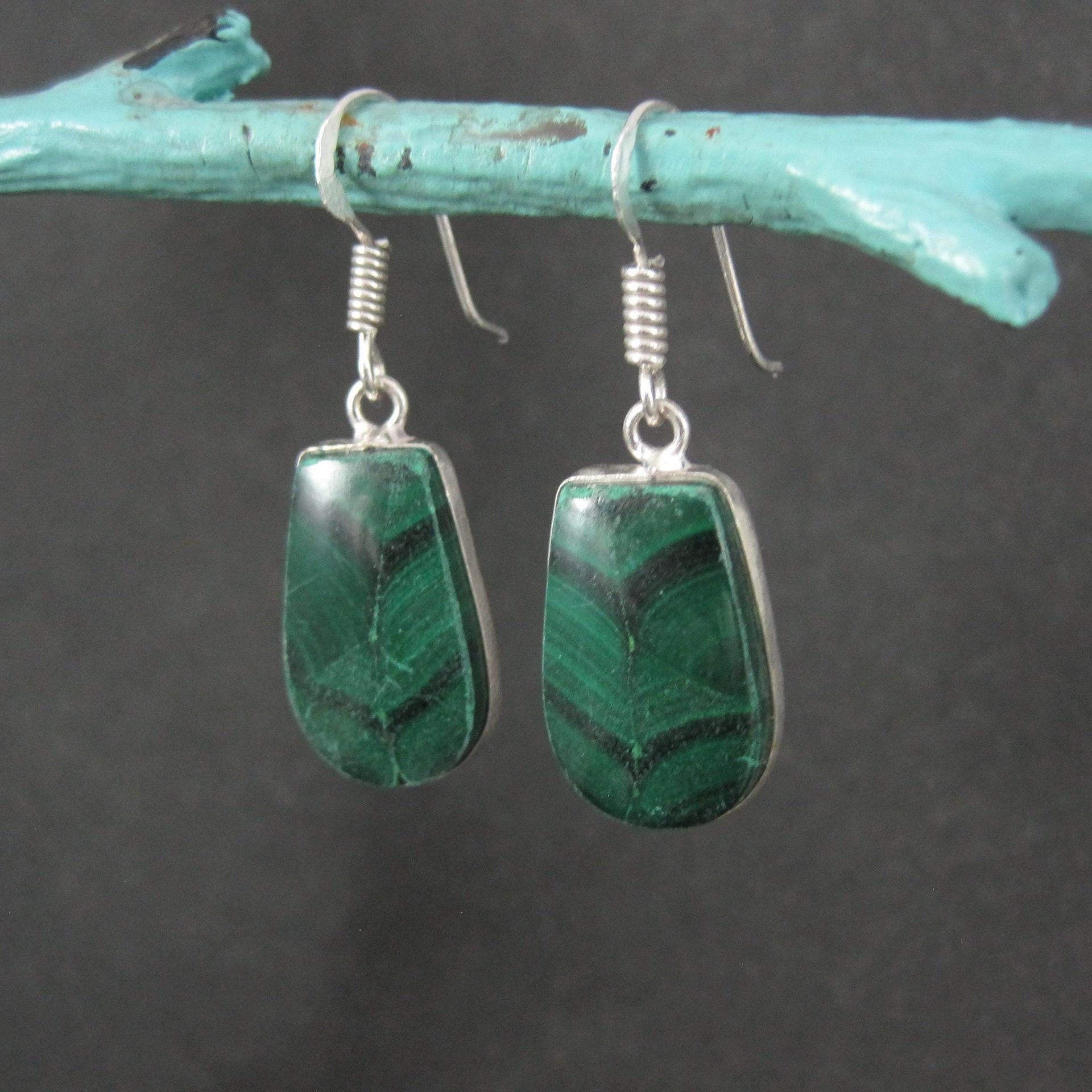 Simple Malachite Dangle Earrings Sterling Silver