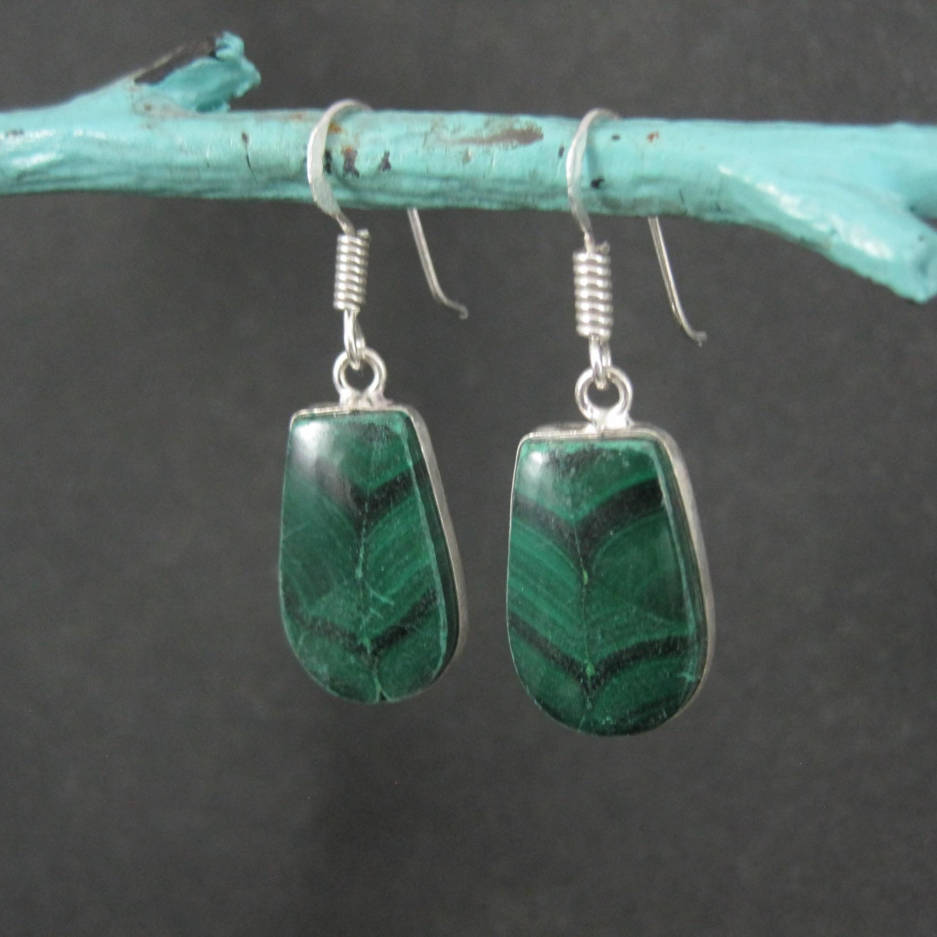 Simple Malachite Dangle Earrings Sterling Silver