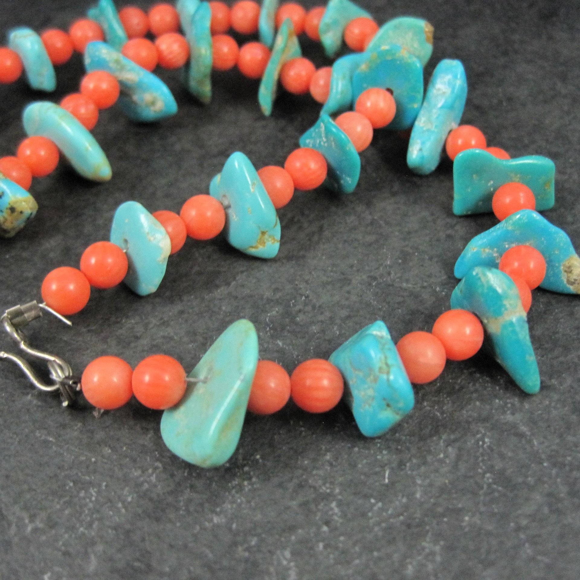 Vintage Southwestern Turquoise and Pink Coral Necklace 23"