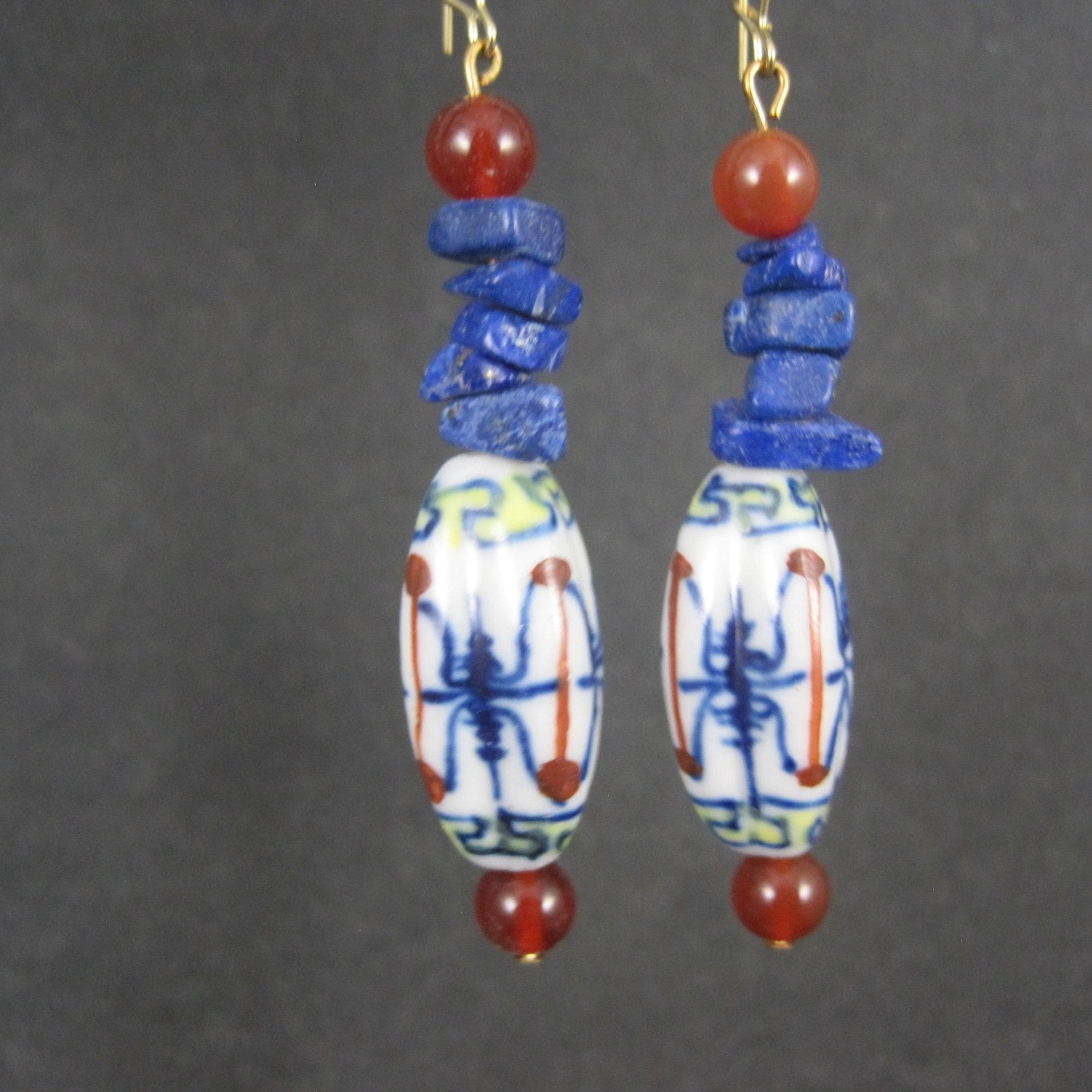 Vintage Oriental Porcelain & Gemstone Earrings