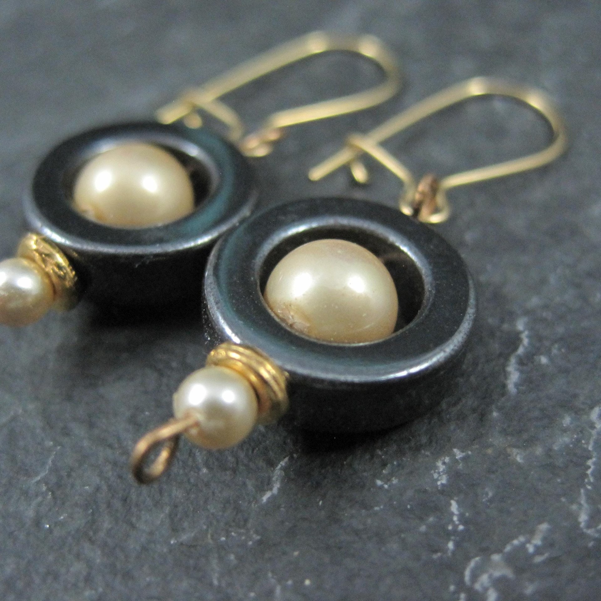 Vintage 14K Hematite and Pearl Earrings