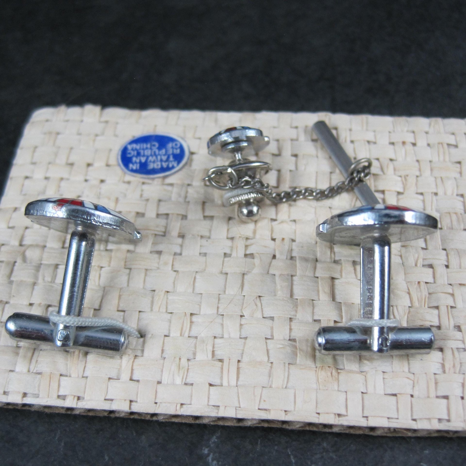 Vintage Enamel Kabuki Cufflinks and Tie Tack Set - New Old Stock
