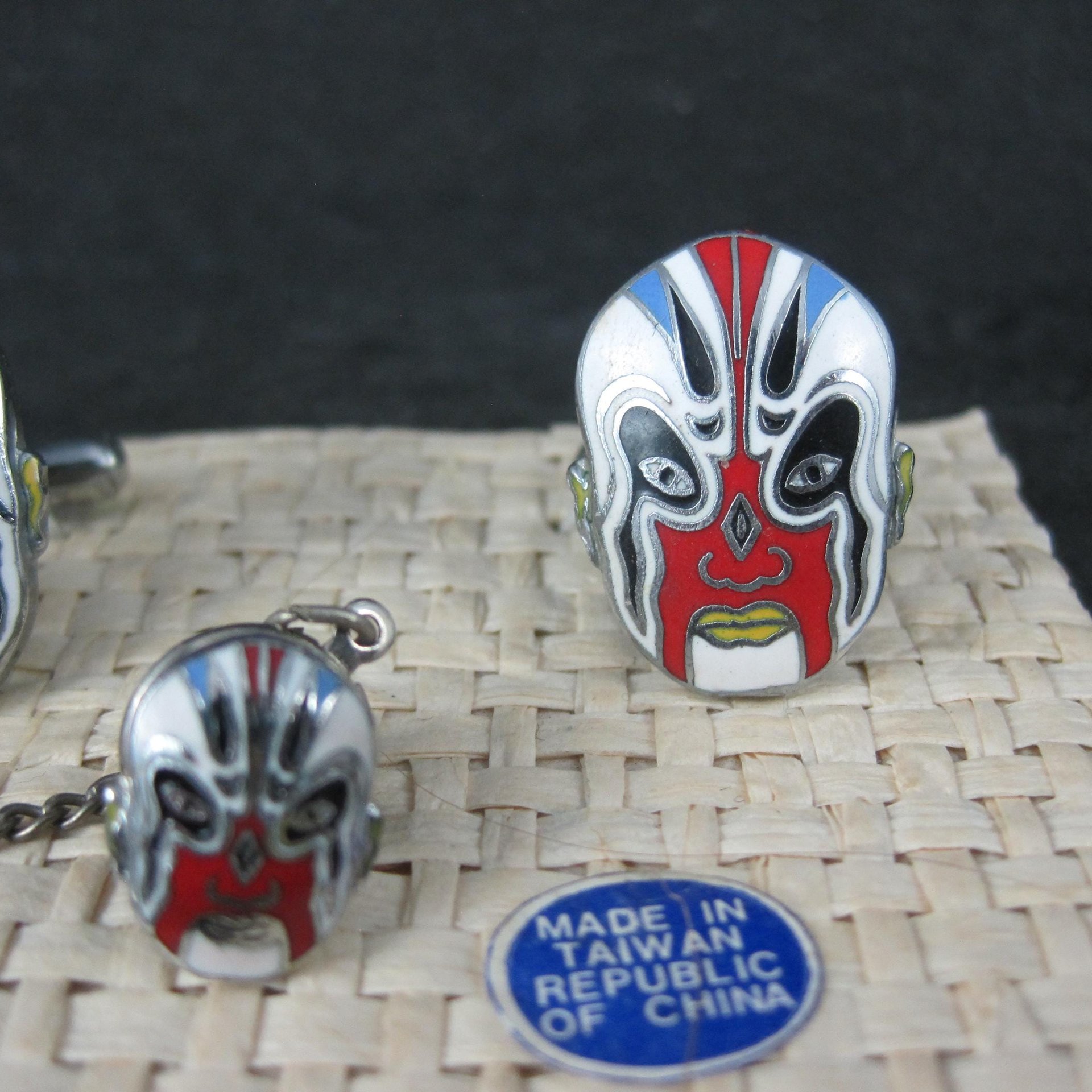 Vintage Enamel Kabuki Cufflinks and Tie Tack Set - New Old Stock
