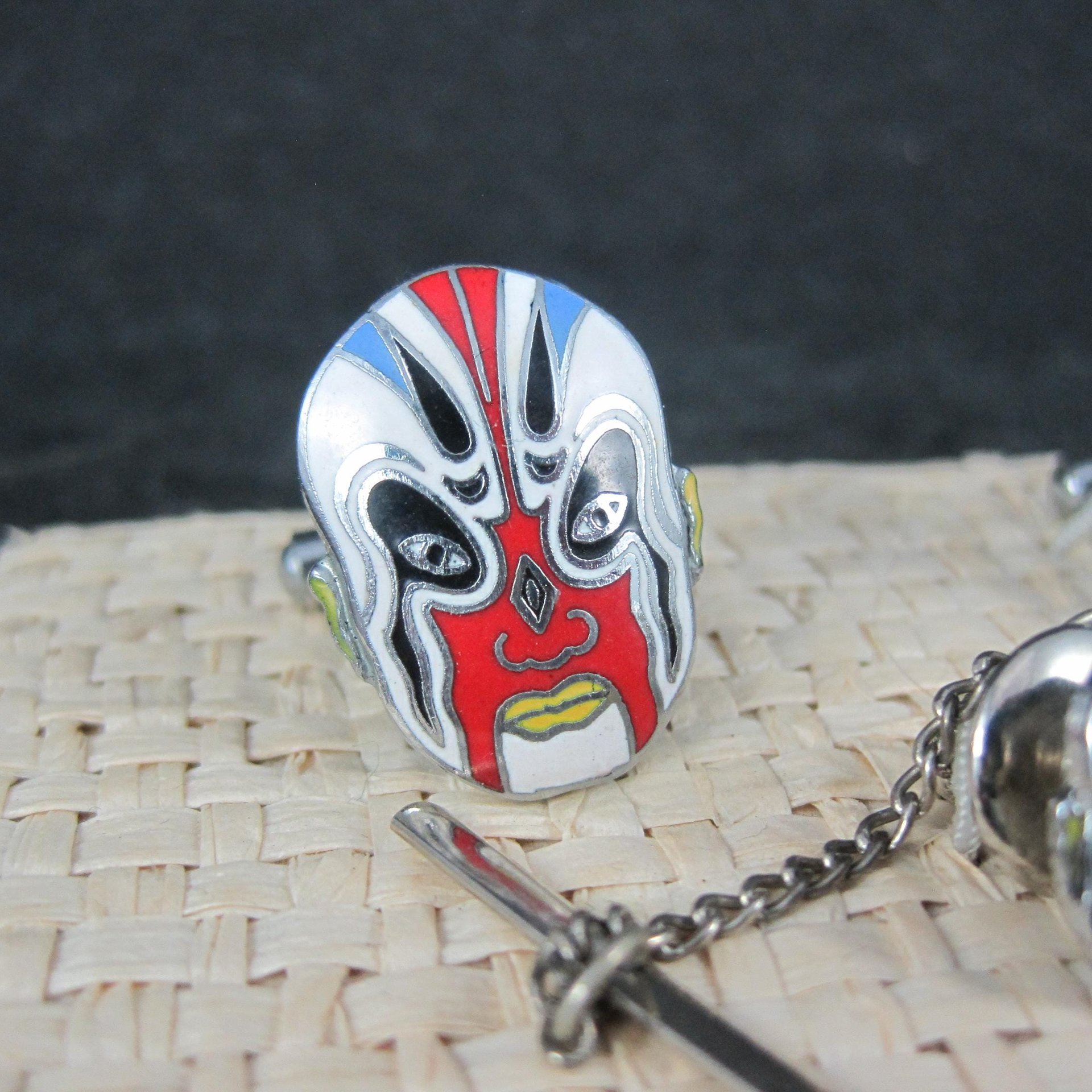Vintage Enamel Kabuki Cufflinks and Tie Tack Set - New Old Stock