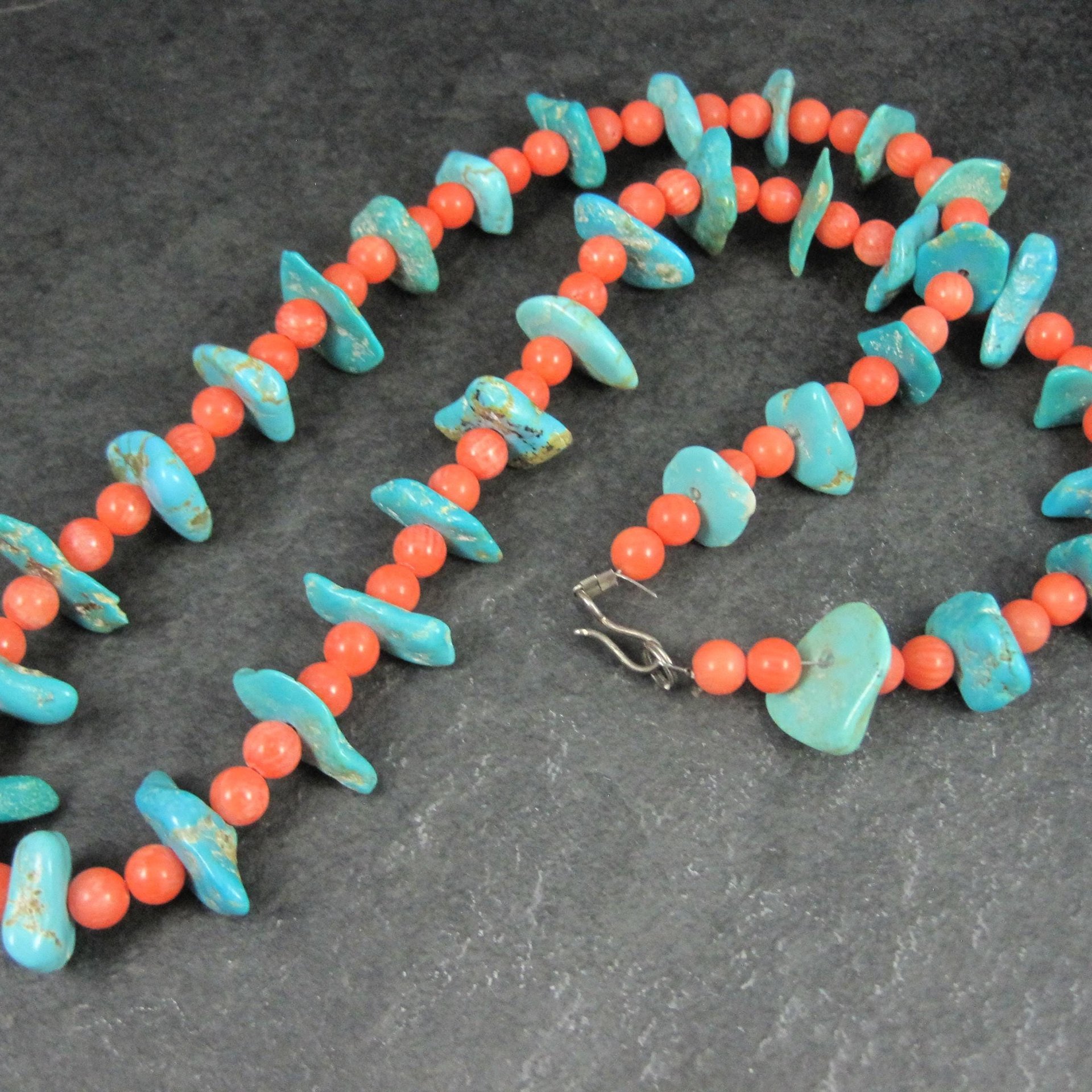 Vintage Southwestern Turquoise and Pink Coral Necklace 23"