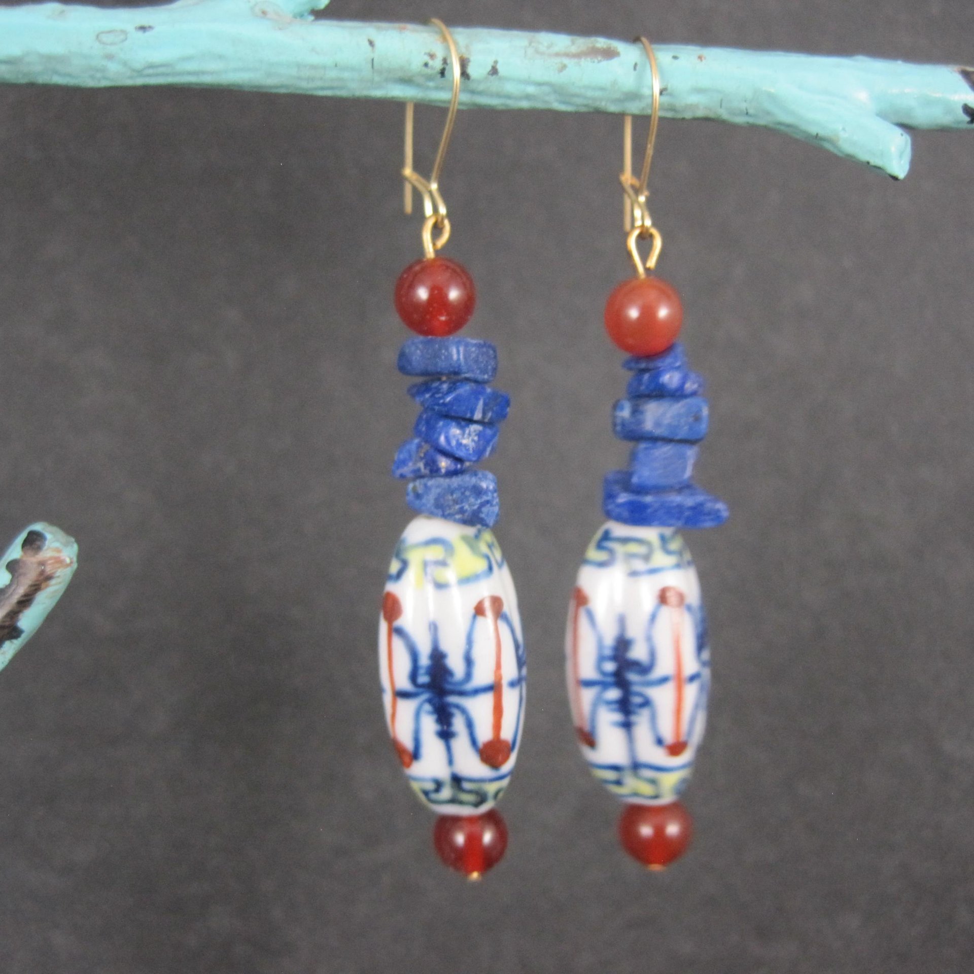 Vintage Oriental Porcelain & Gemstone Earrings