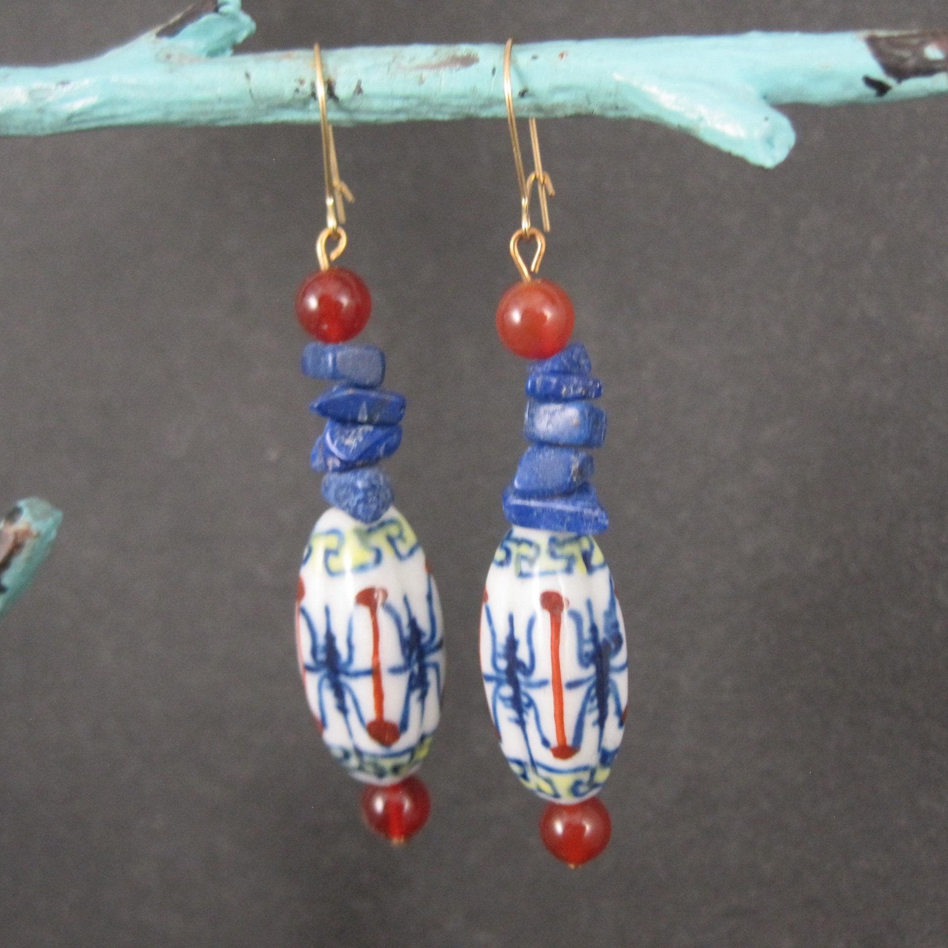 Vintage Oriental Porcelain & Gemstone Earrings
