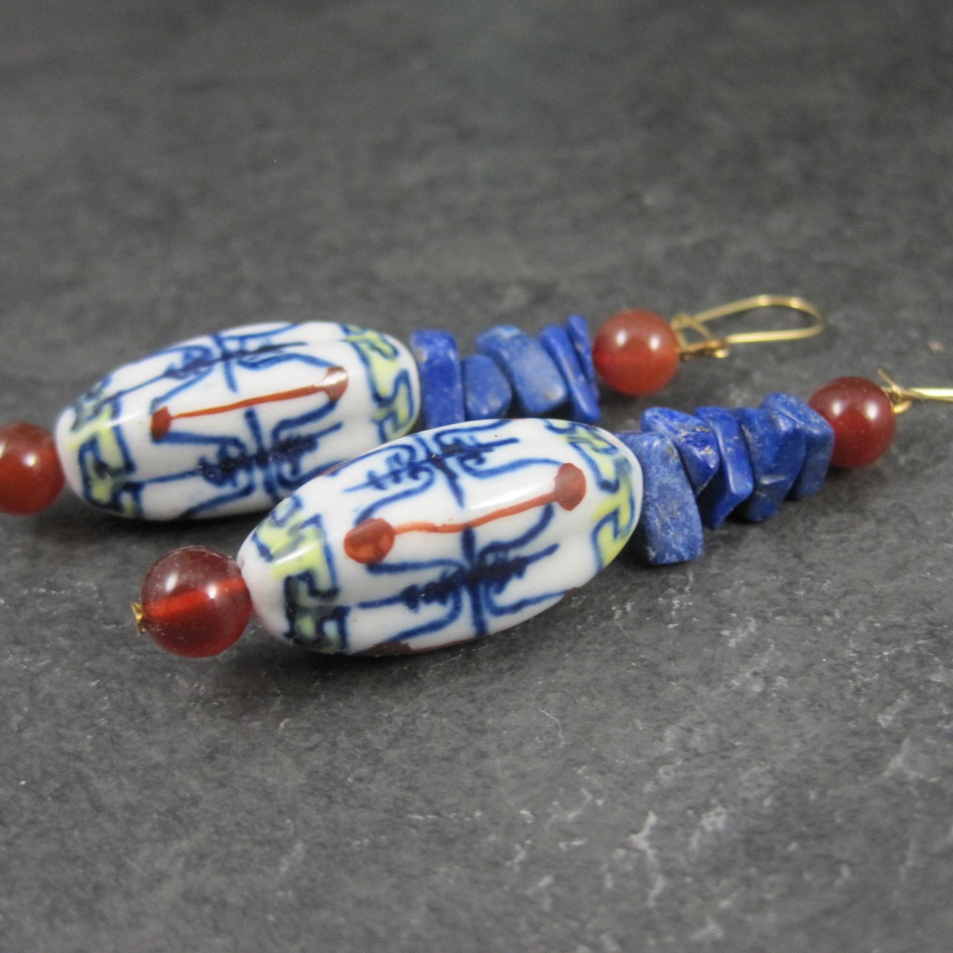 Vintage Oriental Porcelain & Gemstone Earrings