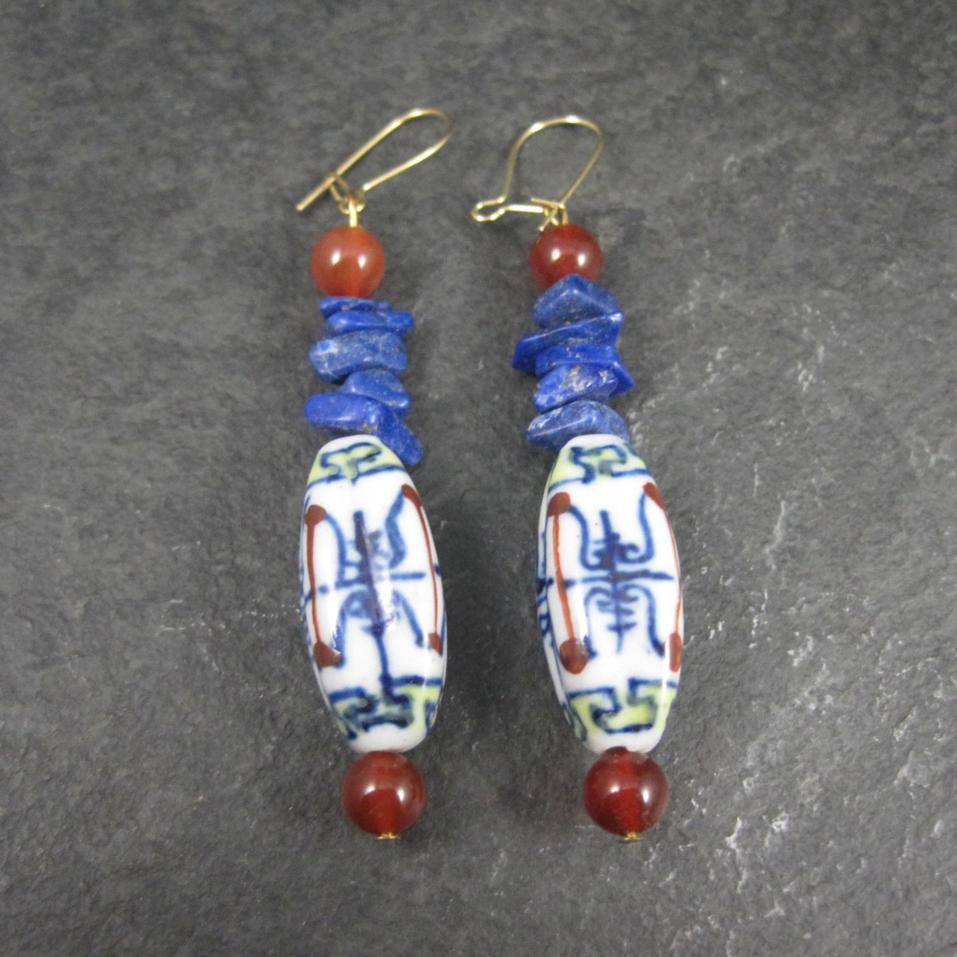 Vintage Oriental Porcelain & Gemstone Earrings