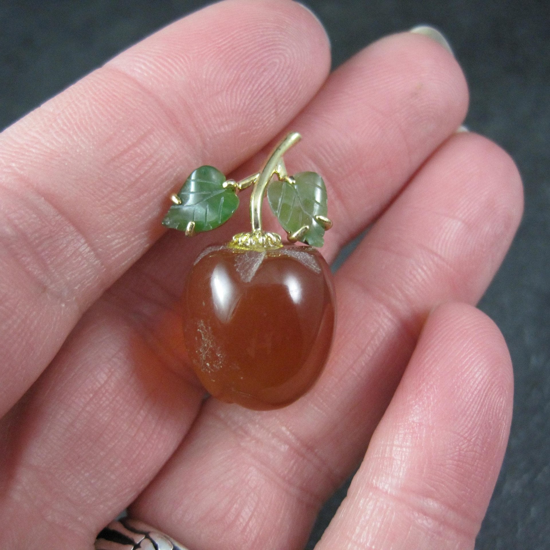 Vintage Carved Carnelian & Jade Apple Pendant