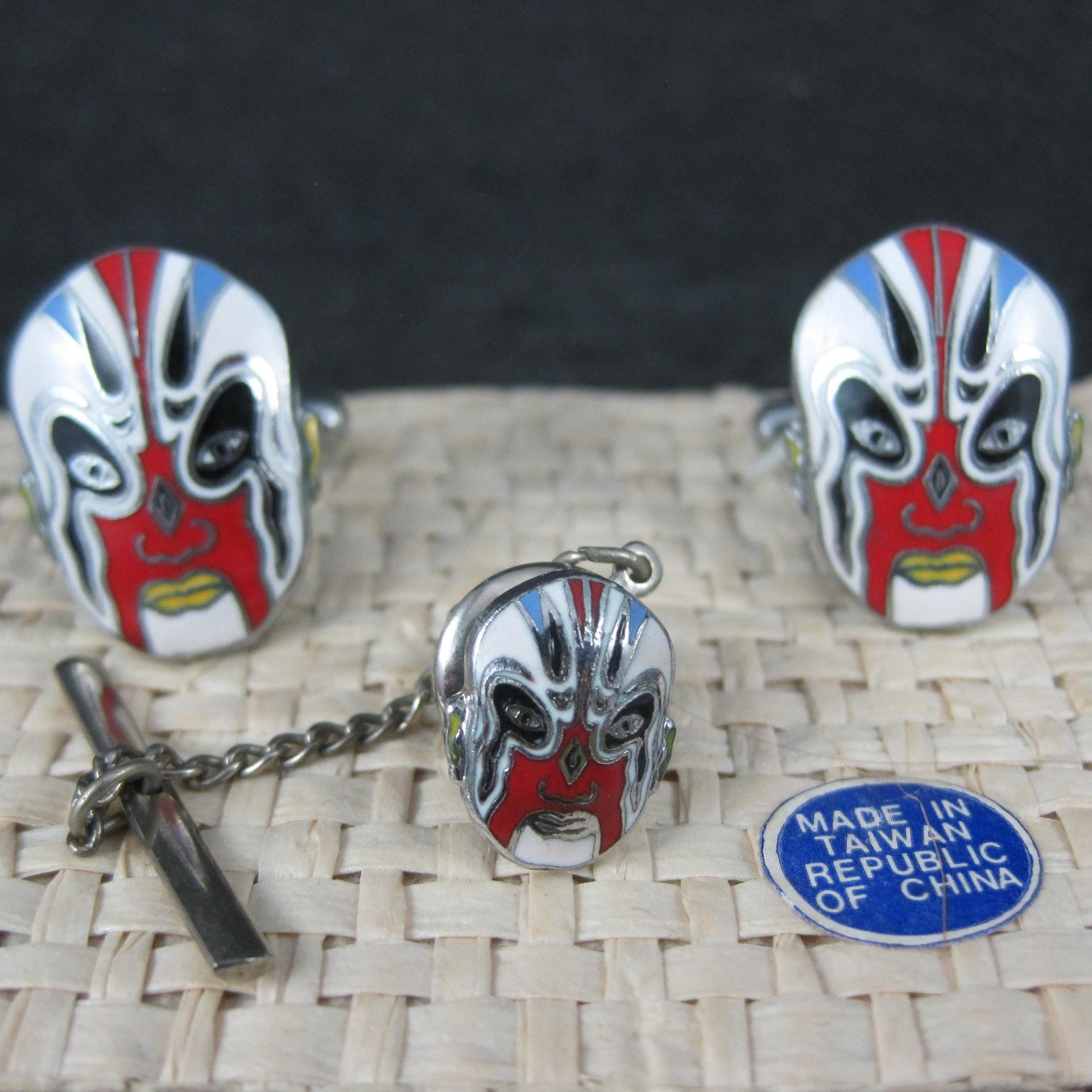 Vintage Enamel Kabuki Cufflinks and Tie Tack Set - New Old Stock