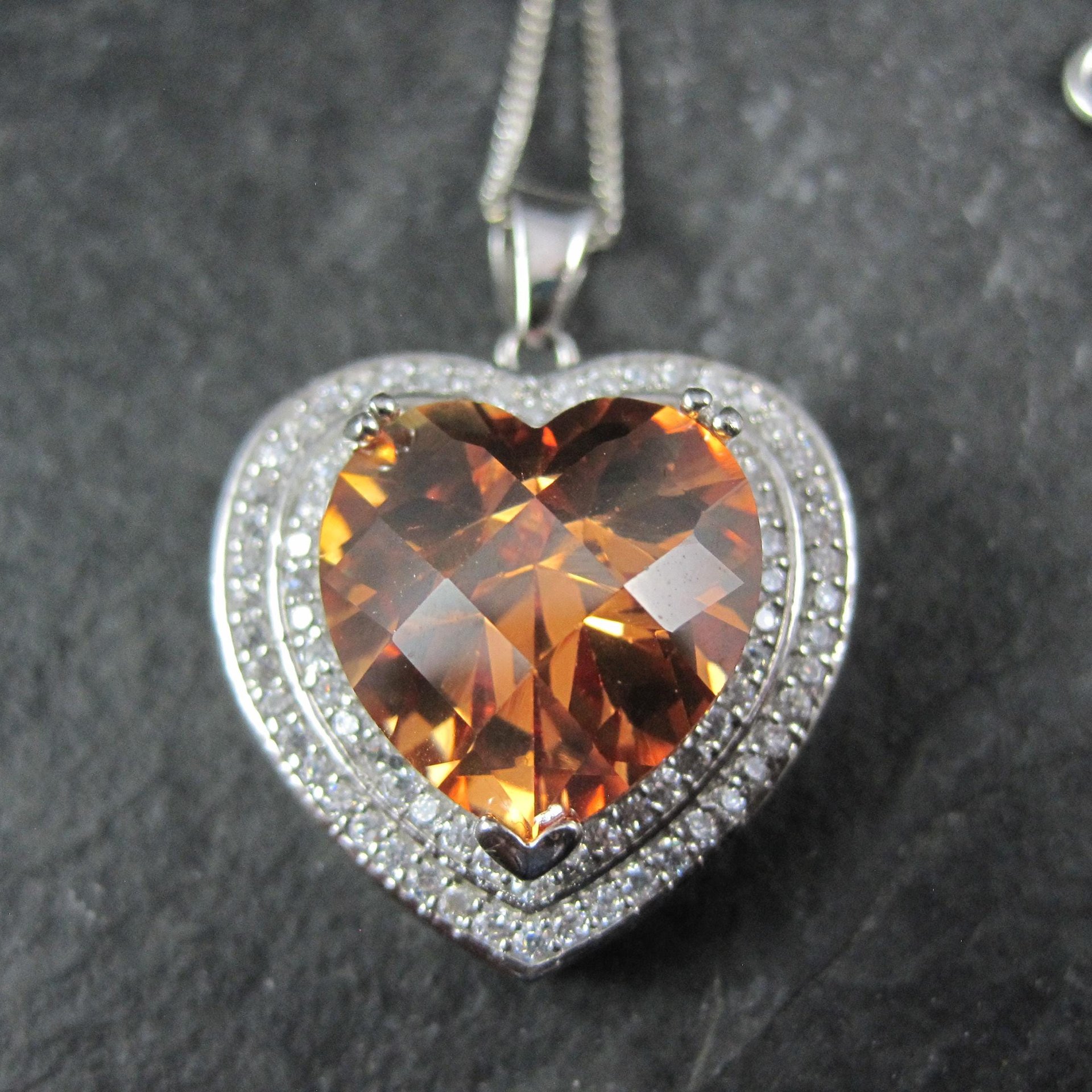 Estate Sterling Cognac Citrine Heart Pendant Necklace