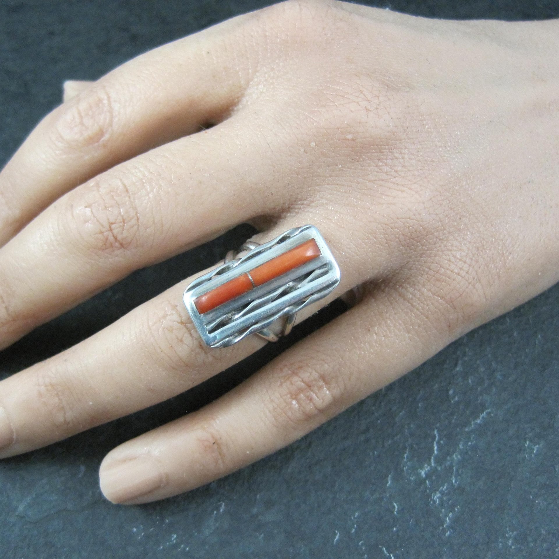 Vintage Zuni Coral Inlay Ring Size 5