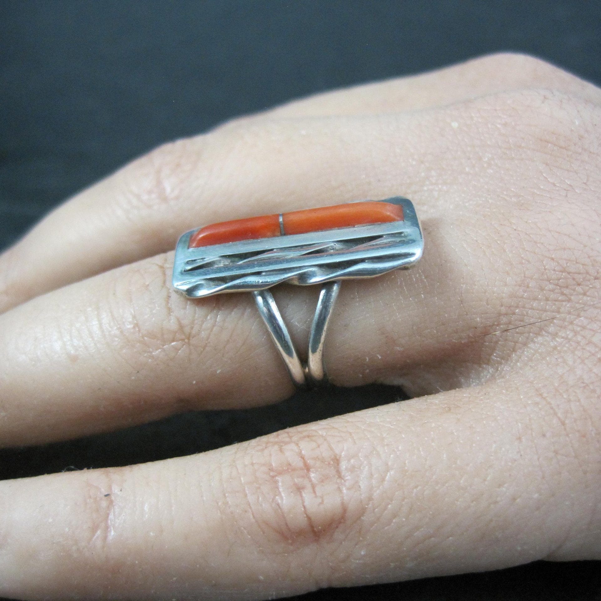 Vintage Zuni Coral Inlay Ring Size 5