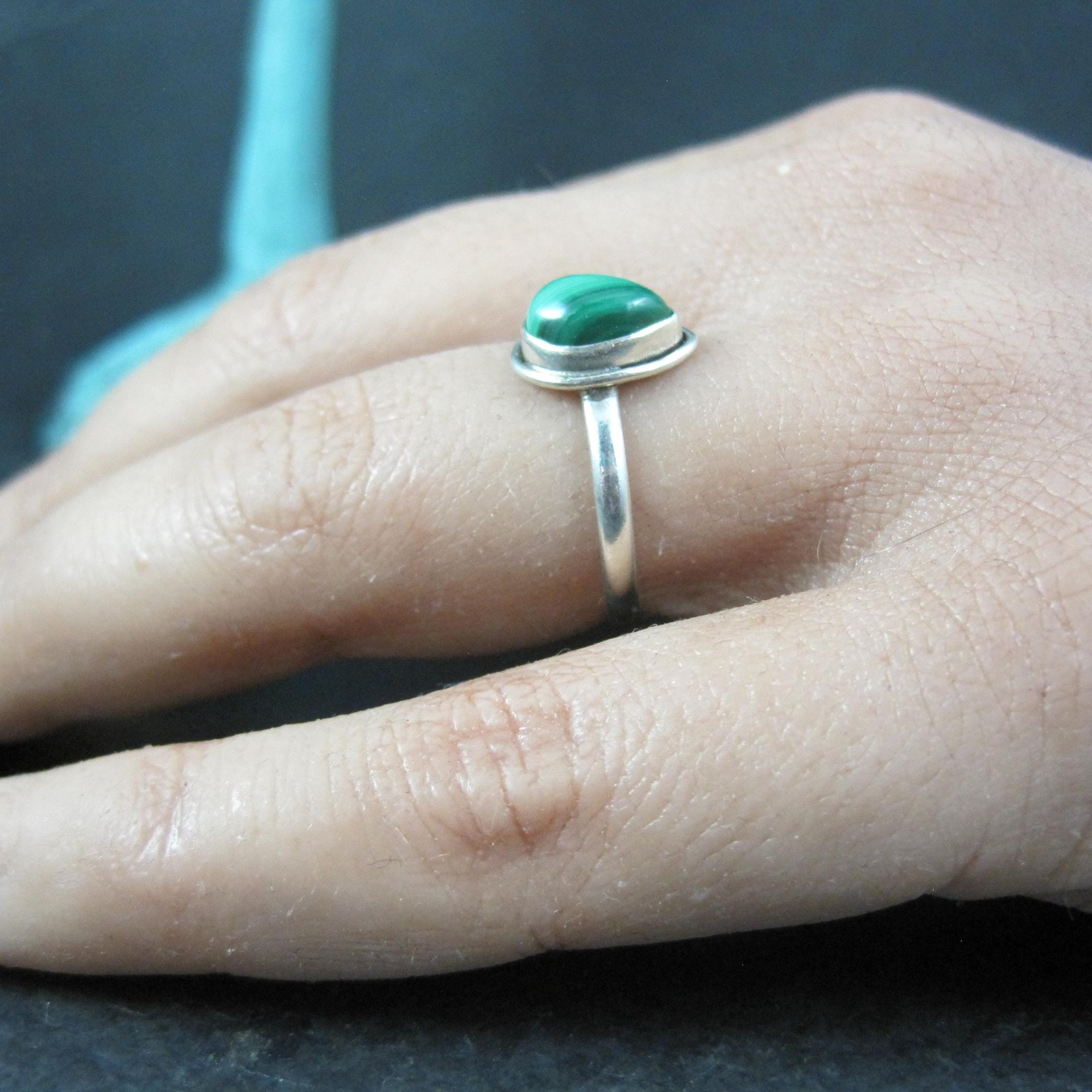 Dainty Sterling Malachite Ring Size 6
